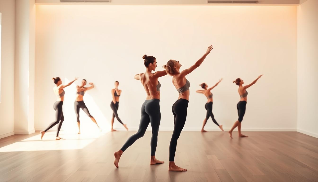 A serene, well-lit studio with a model demonstrating a series of fascia movement exercises. The model is in the foreground, performing dynamic stretches and controlled movements, their body flowing with vibrant, organic energy. The middle ground features a clean, minimalist background, allowing the subject to be the focal point. Warm, directional lighting casts subtle shadows, highlighting the model's muscular engagement and the subtle undulations of the fascia tissue. The overall atmosphere is calming, inviting the viewer to engage in the practice themselves and experience the benefits of mobilizing the connective tissue. A serene, well-lit studio with a model demonstrating a series of fascia movement exercises. The model is in the foreground, performing dynamic stretches and controlled movements, their body flowing with vibrant, organic energy. The middle ground features a clean, minimalist background, allowing the subject to be the focal point. Warm, directional lighting casts subtle shadows, highlighting the model's muscular engagement and the subtle undulations of the fascia tissue. The overall atmosphere is calming, inviting the viewer to engage in the practice themselves and experience the benefits of mobilizing the connective tissue.