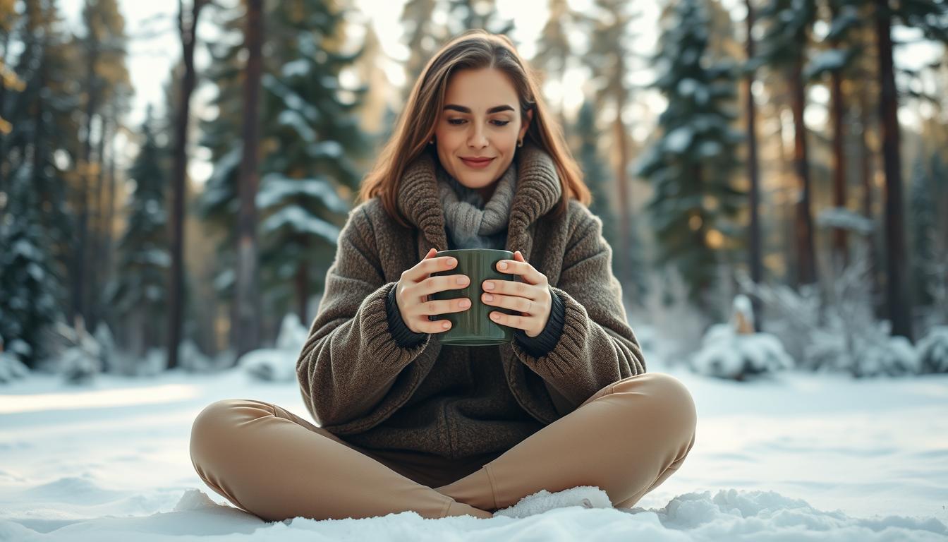 A serene winter landscape with a person sitting cross-legged, their hands cupped around a steaming mug. The background is a snowy forest, with tall pine trees and a dusting of white on the ground. Soft, natural lighting bathes the scene, creating a vibrant, peaceful atmosphere. The person's expression is one of calm focus, as they practice a mindful cold exposure technique, using the cold temperature to help control their cravings. The composition emphasizes the person's connection with the natural world, highlighting the power of simple, grounding practices to overcome cravings.