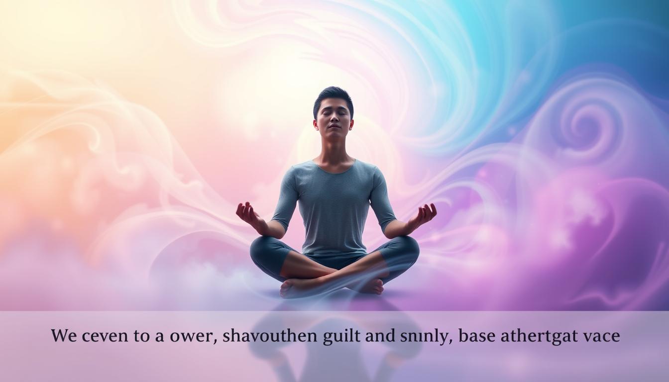 A serene yet vibrant scene of a person in a meditative pose, surrounded by swirling, colorful energy. The lighting is soft and diffused, creating a calming atmosphere. The figure sits cross-legged, eyes closed, hands resting gently on their lap, exuding a sense of inner peace and clarity. The background is a blend of soothing, pastel hues that gradually transition into bolder, more vibrant shades, symbolizing the journey of overcoming guilt and shame. The overall composition conveys a message of mindfulness, self-acceptance, and the power of the mind to overcome challenges.