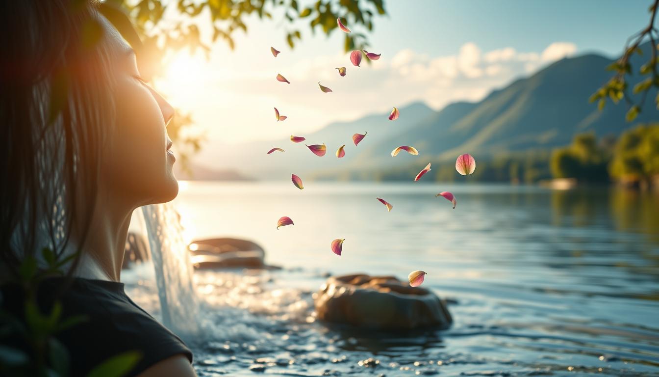 A serene yet vibrant scene of a person in deep meditation, surrounded by lush greenery and a soothing waterfall. Soft natural lighting bathes the foreground, casting a peaceful glow on the figure's face as they find inner calm. In the middle ground, delicate flower petals drift through the air, symbolizing the process of detoxification and renewal. The background features a tranquil lakeside setting, with mountains rising in the distance, conveying a sense of balance and harmony. The overall mood is one of tranquility, rejuvenation, and the power of the mind to overcome stress and achieve a state of cleansing and restoration.
