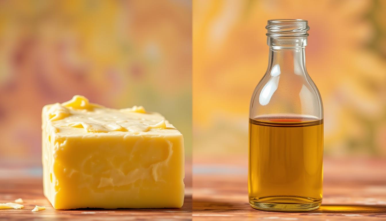 A side-by-side comparison of a golden pat of butter and a clear glass bottle filled with a translucent amber seed oil, both set against a vibrant background. The butter has a creamy, rich texture, reflecting the warm glow of natural lighting. The seed oil bottle displays its clarity, hinting at its delicate, refined nature. The composition emphasizes the contrast between the solid, opulent butter and the fluid, refined oil, inviting the viewer to explore their distinct nutritional profiles. The scene is captured with a sharp focus, ensuring every detail is rendered with precision, creating a visually compelling and informative illustration. A side-by-side comparison of a golden pat of butter and a clear glass bottle filled with a translucent amber seed oil, both set against a vibrant background. The butter has a creamy, rich texture, reflecting the warm glow of natural lighting. The seed oil bottle displays its clarity, hinting at its delicate, refined nature. The composition emphasizes the contrast between the solid, opulent butter and the fluid, refined oil, inviting the viewer to explore their distinct nutritional profiles. The scene is captured with a sharp focus, ensuring every detail is rendered with precision, creating a visually compelling and informative illustration.