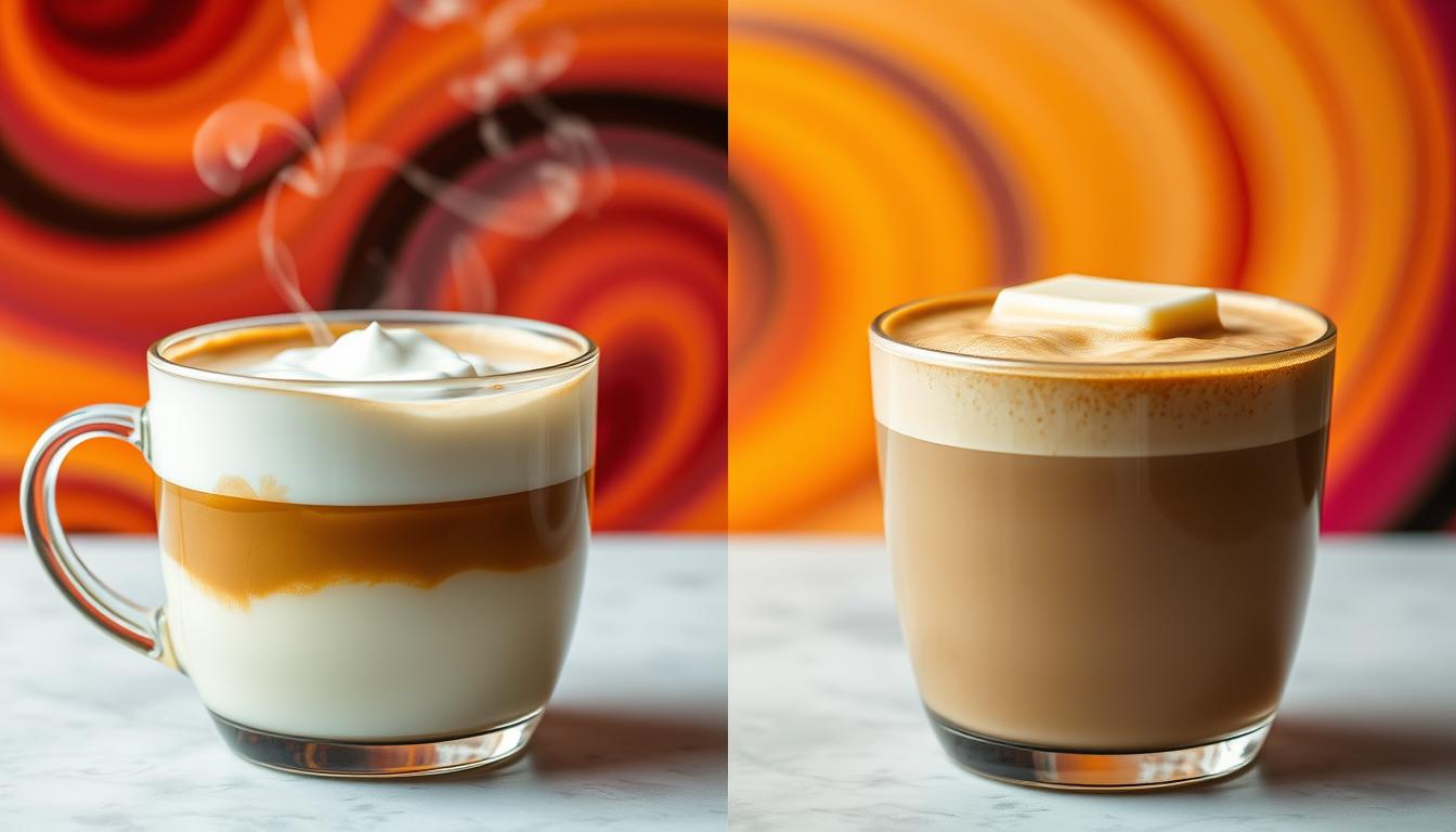 A side-by-side comparison of a steaming cup of keto coffee and a classic bulletproof coffee, set against a vibrant, swirling background of warm hues. The keto coffee features rich, creamy layers of coconut oil and heavy cream, while the bulletproof coffee displays a frothy, golden layer of butter on top. The contrasting textures and colors of the two beverages create a visually striking scene, highlighting their distinct characteristics. Soft, diffused lighting casts a cozy, inviting atmosphere, inviting the viewer to savor the delightful aromas and flavors of these two popular coffee variations.