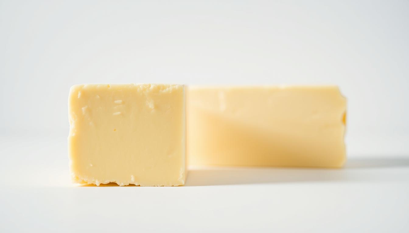 A side-by-side comparison of two sticks of butter, one with a vibrant golden hue representing grass-fed butter, the other a paler yellow signifying grain-fed. The grass-fed stick is placed prominently in the foreground, illuminated by a soft, natural light that highlights its rich, creamy texture. The grain-fed butter occupies the middle ground, slightly out of focus, to draw the viewer's attention to the distinct differences in color and consistency. The background is a minimalist white surface, allowing the butters to be the sole focus of the composition. The overall mood is one of simplicity and clarity, guiding the viewer to appreciate the visual cues that distinguish these two types of butter.