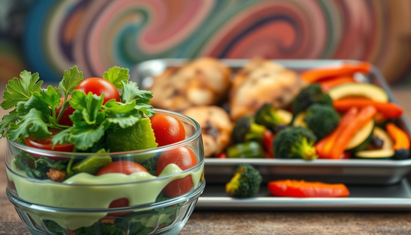 A simple, delicious low-carb meal prep featuring a variety of fresh, vibrant ingredients. In the foreground, a glass container holds a perfectly portioned salad, with crisp leafy greens, juicy cherry tomatoes, and a creamy avocado dressing. In the middle ground, a steel tray showcases roasted chicken thighs, seasoned with herbs and spices, alongside a medley of colorful roasted vegetables - tender broccoli florets, earthy zucchini slices, and sweet bell pepper strips. The background is a swirling, vibrant mix of colors, creating a warm, inviting atmosphere. Soft, directional lighting casts a natural glow, emphasizing the freshness and appeal of this simple, low-carb meal prep. A simple, delicious low-carb meal prep featuring a variety of fresh, vibrant ingredients. In the foreground, a glass container holds a perfectly portioned salad, with crisp leafy greens, juicy cherry tomatoes, and a creamy avocado dressing. In the middle ground, a steel tray showcases roasted chicken thighs, seasoned with herbs and spices, alongside a medley of colorful roasted vegetables - tender broccoli florets, earthy zucchini slices, and sweet bell pepper strips. The background is a swirling, vibrant mix of colors, creating a warm, inviting atmosphere. Soft, directional lighting casts a natural glow, emphasizing the freshness and appeal of this simple, low-carb meal prep.