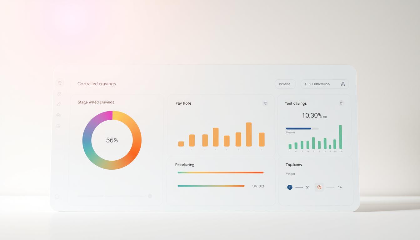 A sleek and minimalist dashboard display, showcasing progress tracking of controlled cravings. The foreground features a clean, circular graph with vibrant colors representing different stages of cravings and their intensity over time. The middle ground presents simple yet effective UI elements, such as sliders and toggles, allowing the user to input and monitor their cravings. The background is a soft, neutral gradient, creating a sense of focus and clarity. Bright, diffused lighting from above casts a warm, inviting glow on the scene, emphasizing the dashboard's modern and sophisticated design.