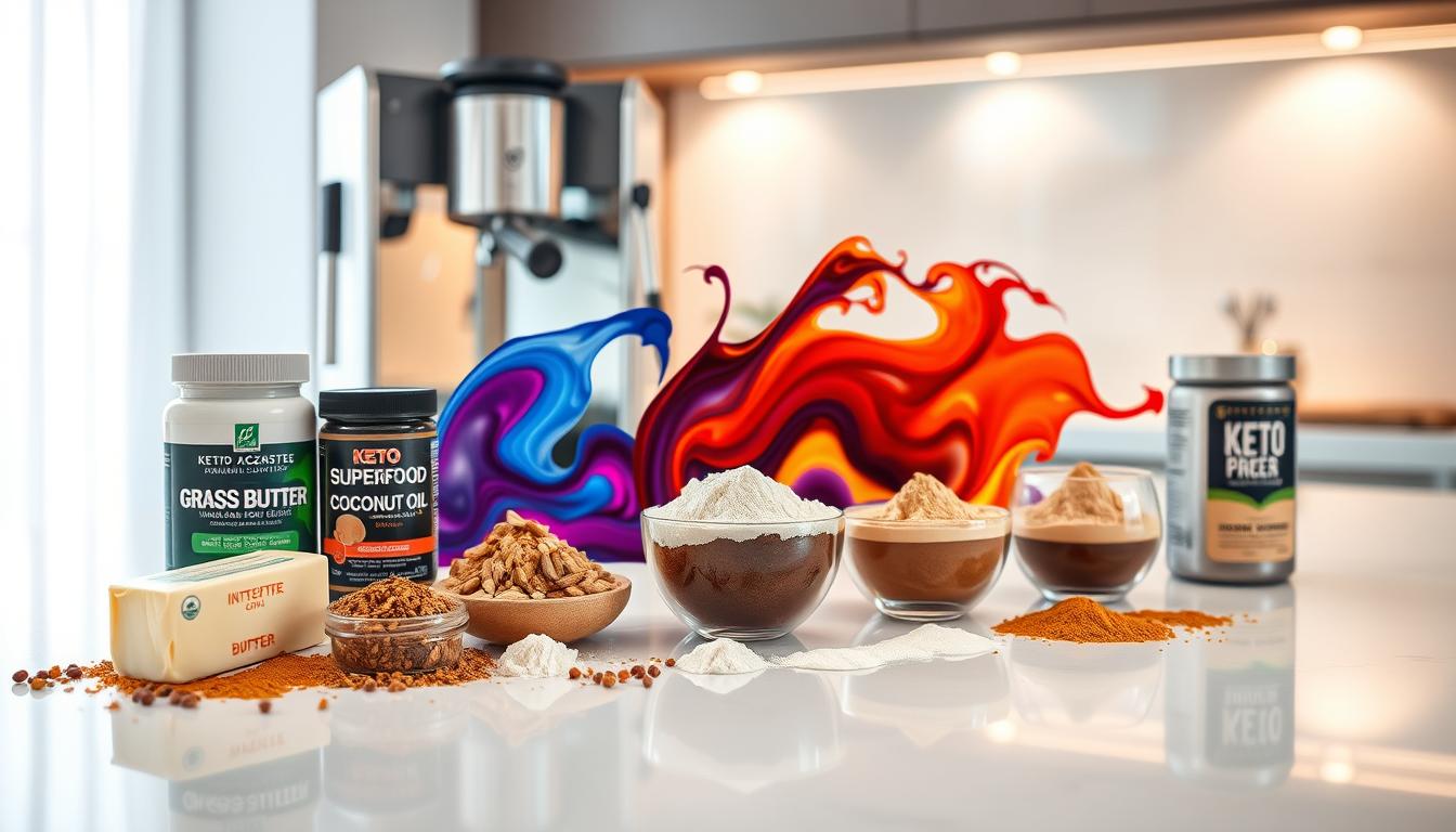 A sleek and modern countertop, with a pristine white surface and a well-lit, airy ambiance. On the surface, an array of keto-friendly coffee supplements are artfully arranged - high-quality grass-fed butter, organic coconut oil, and a selection of superfood powders. The ingredients are infused with vibrant swirling colors, creating a mesmerizing visual effect that captures the synergistic power of these carefully curated supplements. A state-of-the-art coffee machine stands nearby, its gleaming metal casing reflecting the soft, warm lighting that illuminates the scene. The overall composition exudes a sense of refinement, wellness, and the perfect balance of flavors and nutrients to elevate your morning coffee experience.