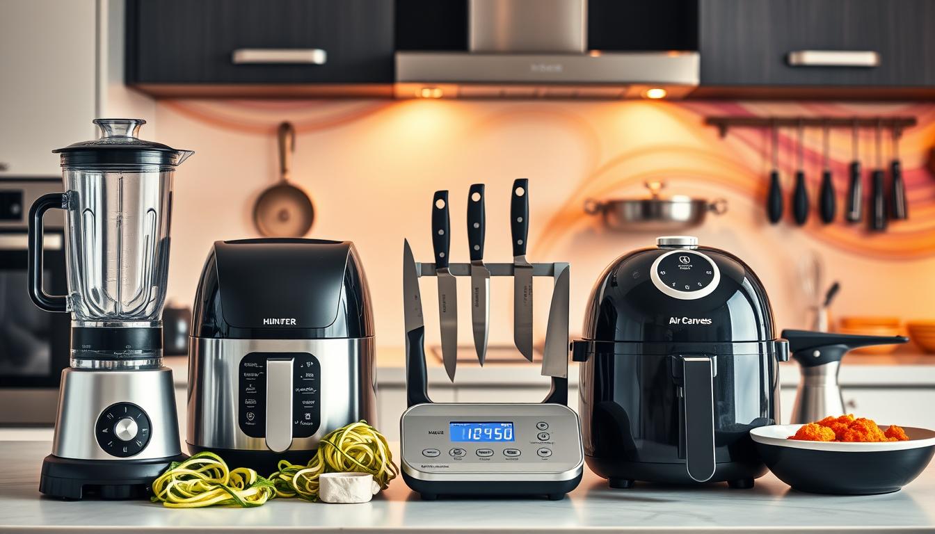 A sleek kitchen counter showcases an array of effortless low-carb cooking tools, bathed in warm, vibrant swirling colors. In the foreground, a high-quality blender, a spiralizer for creating zucchini noodles, and a multi-purpose air fryer sit neatly arranged. In the middle ground, a precision digital scale, a set of sharp Japanese knives, and a modern food processor stand ready for meal preparation. The background features a gleaming stainless-steel pot and pan set, complemented by a stylish spice rack and a high-powered immersion blender. The scene exudes a sense of simplicity and efficiency, perfectly capturing the ethos of effortless low-carb cooking.