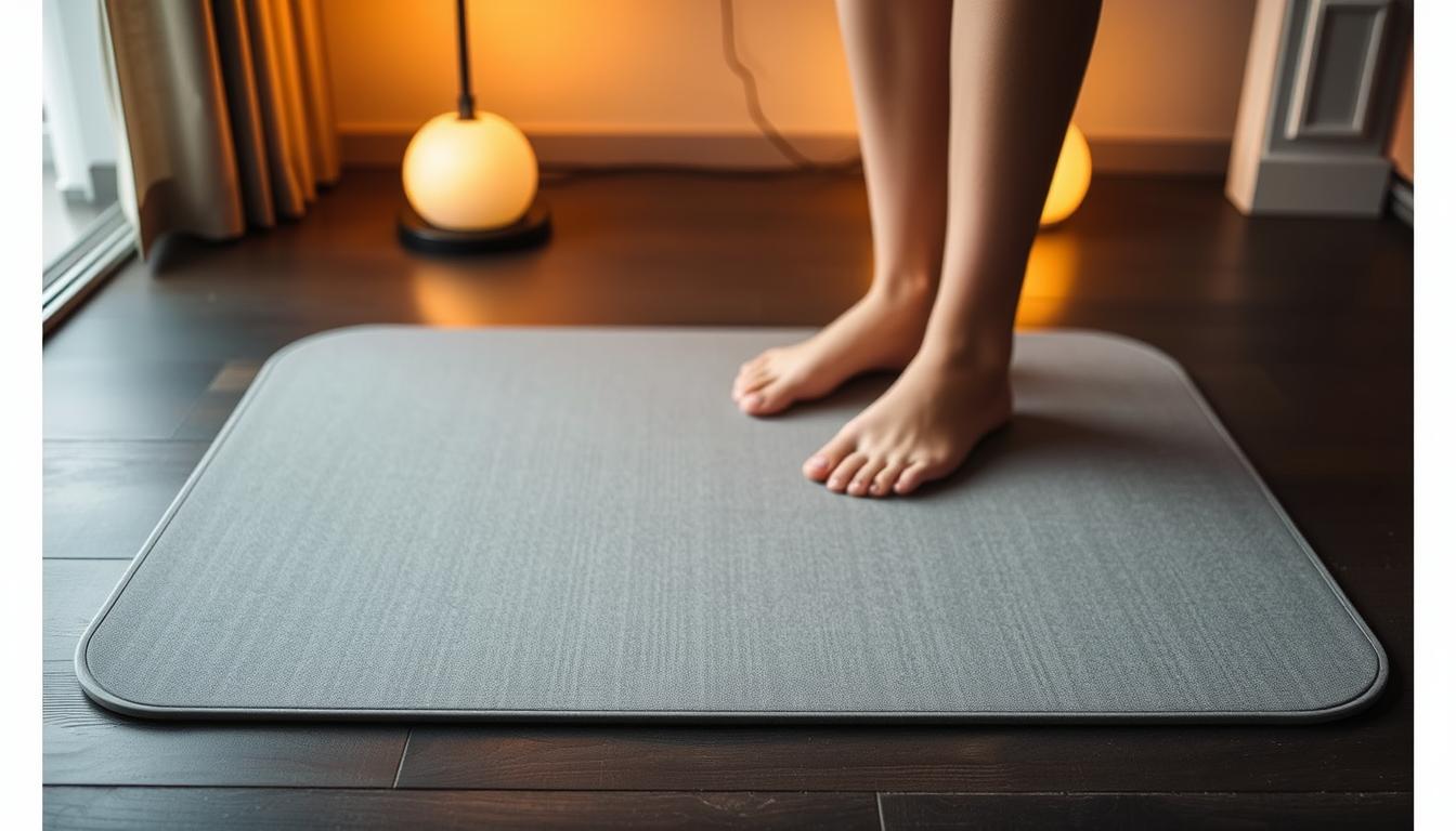 A sleek, modern grounding mat for indoor use, its surface a soft charcoal gray with a subtle mottled texture. Nestled atop a dark wood or stone floor, the mat exudes a sense of natural calm and grounding. Smooth, rounded edges create a seamless, minimalist design, inviting bare feet to connect with its conductive surface. Warm, diffused lighting from nearby lamps casts a vibrant, earthy glow, emphasizing the mat's ability to help recharge and revitalize the body. The scene evokes a serene, peaceful atmosphere, perfect for practicing indoor grounding techniques.