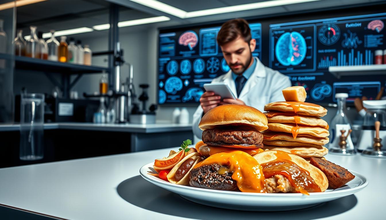 A sleek, modern laboratory setting with an array of scientific instruments and glassware. In the foreground, a plate of various tempting foods - a decadent chocolate cake, a juicy burger, a stack of fluffy pancakes - arranged in an aesthetically pleasing manner. Soft, directional lighting casts dramatic shadows, highlighting the textures and colors of the dishes. In the middle ground, a researcher in a white lab coat examines a brain scan, studying the neurological mechanisms behind food cravings. The background features cutting-edge technology, charts, and diagrams illustrating the science of appetite and desire. The overall mood is one of vibrant, intellectual curiosity, as the image delves into the hidden hungers that drive our food choices. A sleek, modern laboratory setting with an array of scientific instruments and glassware. In the foreground, a plate of various tempting foods - a decadent chocolate cake, a juicy burger, a stack of fluffy pancakes - arranged in an aesthetically pleasing manner. Soft, directional lighting casts dramatic shadows, highlighting the textures and colors of the dishes. In the middle ground, a researcher in a white lab coat examines a brain scan, studying the neurological mechanisms behind food cravings. The background features cutting-edge technology, charts, and diagrams illustrating the science of appetite and desire. The overall mood is one of vibrant, intellectual curiosity, as the image delves into the hidden hungers that drive our food choices.
