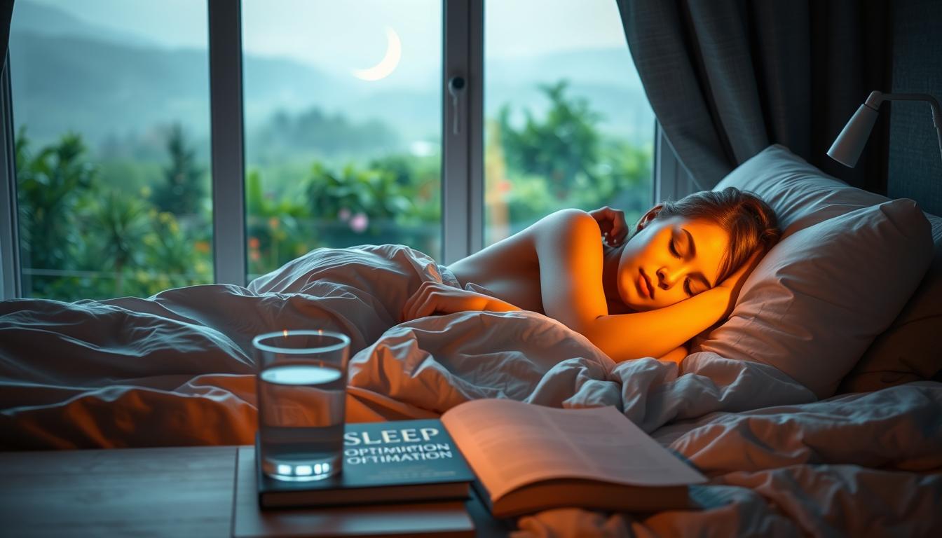 A sleeping person, curled up comfortably, surrounded by serene nature. In the foreground, a bedside table with a glass of water and a book on sleep optimization. Soft, warm lighting illuminates the scene, creating a cozy, relaxing atmosphere. In the middle ground, a window overlooking a lush garden, with vibrant greenery and the faint silhouette of a crescent moon. The background fades into a dreamy, hazy landscape, conveying a sense of tranquility and restful renewal. The overall image evokes the importance of sleep for appetite regulation and overall well-being. A sleeping person, curled up comfortably, surrounded by serene nature. In the foreground, a bedside table with a glass of water and a book on sleep optimization. Soft, warm lighting illuminates the scene, creating a cozy, relaxing atmosphere. In the middle ground, a window overlooking a lush garden, with vibrant greenery and the faint silhouette of a crescent moon. The background fades into a dreamy, hazy landscape, conveying a sense of tranquility and restful renewal. The overall image evokes the importance of sleep for appetite regulation and overall well-being.