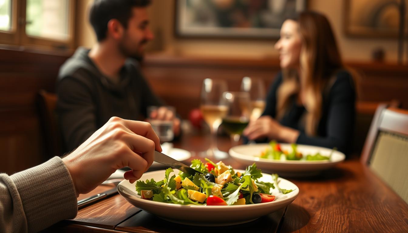 A small, intimate dining table set for two, bathed in warm, soft light. In the foreground, a pair of hands carefully slicing into a vibrant, seasonal salad, taking time to appreciate each bite. Behind them, two people engaged in a lively conversation, bodies angled towards each other, faces relaxed and present. The background is blurred, creating a sense of focus and mindfulness on the act of eating. The overall atmosphere is one of quiet contemplation, of savoring the moment and the company, free from distractions.