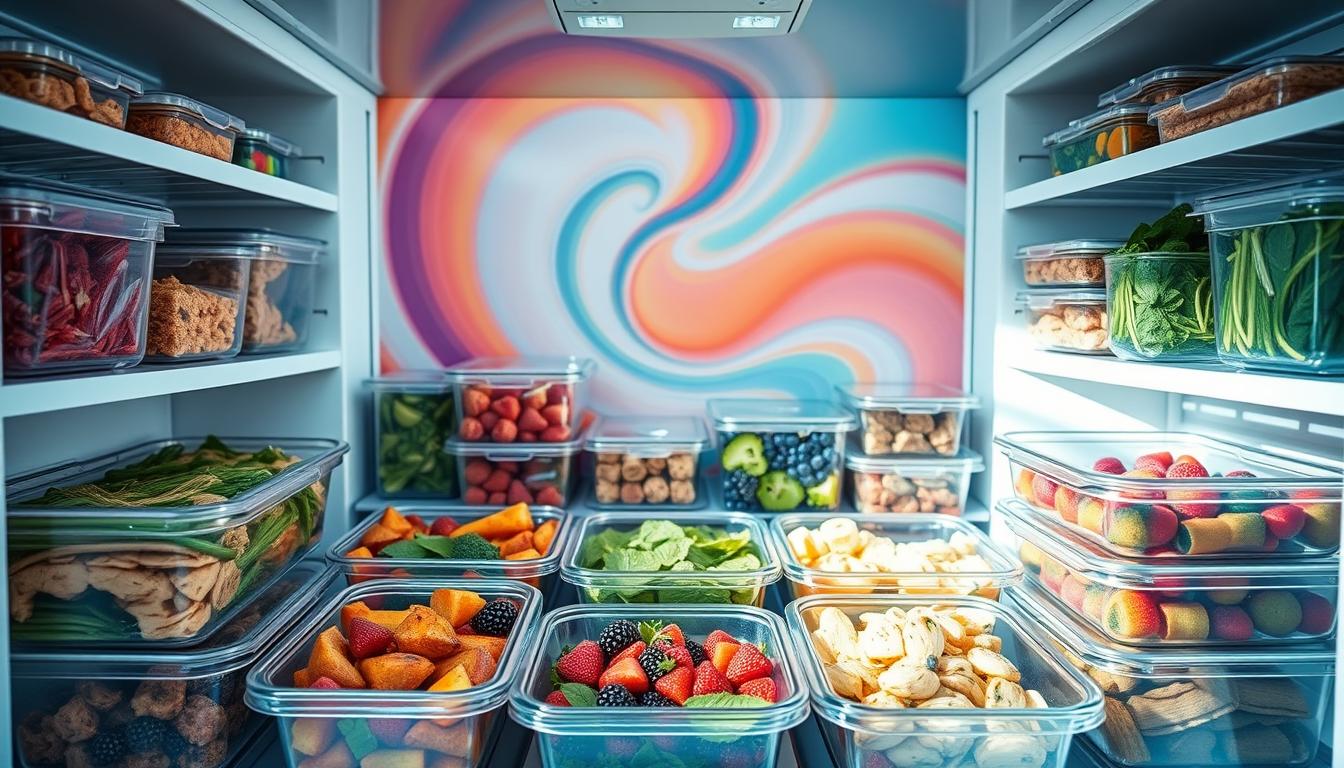 A spacious, well-lit freezer interior, showcasing an array of low-carb meal options. In the foreground, an assortment of freezer-friendly containers filled with keto-friendly dishes like grilled chicken, roasted vegetables, and zucchini noodles. The middle ground features a variety of frozen berries, leafy greens, and healthy protein sources, arranged in a visually appealing manner. The background is filled with a vibrant, swirling color palette, creating a sense of energy and dynamism. The lighting is soft and natural, highlighting the textures and colors of the food items. The overall composition conveys the convenience and versatility of low-carb freezer hacks, inspiring the viewer to adopt this time-saving strategy for their own healthy lifestyle.