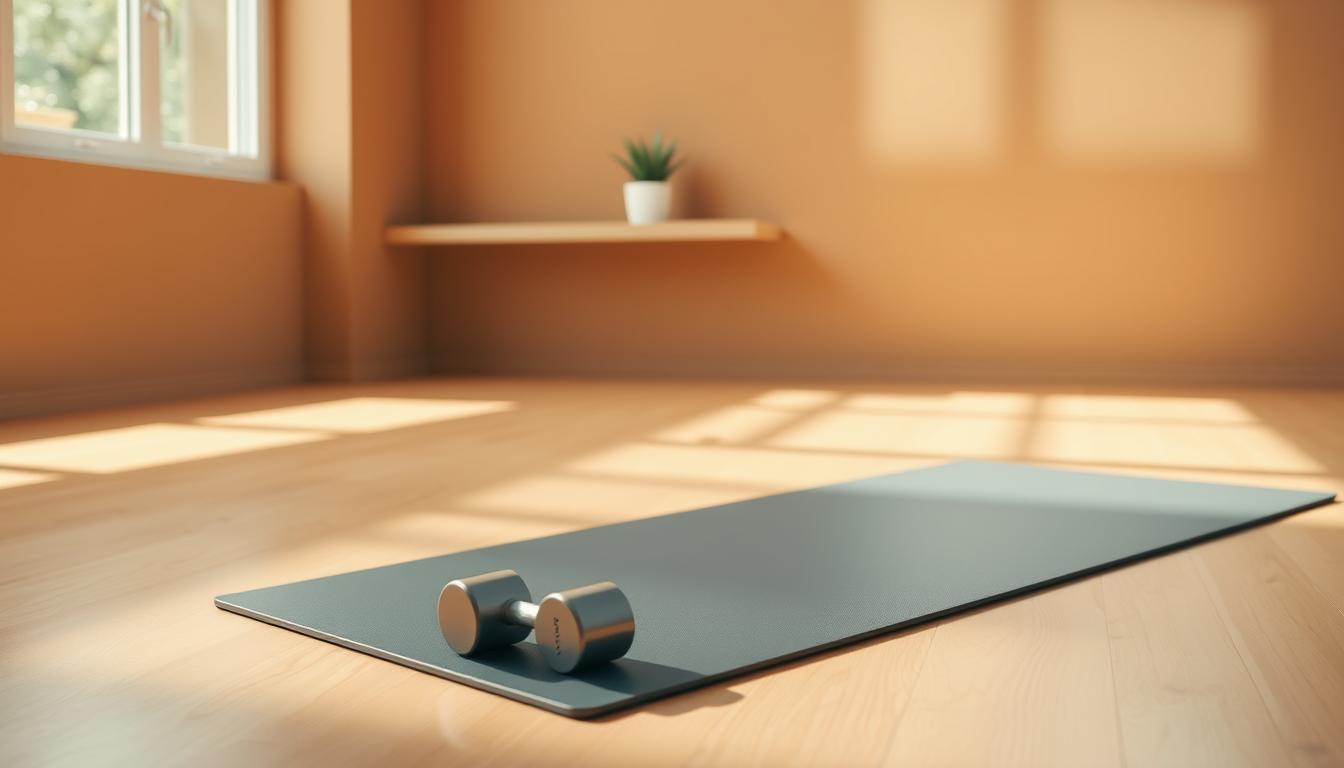 A sparsely furnished room bathed in warm, natural light. The foreground features a sleek, minimalist exercise mat and a pair of simple yet elegant dumbbells. Muted earth-toned walls recede into the background, creating a calming, vibrant atmosphere. A single potted plant on a floating shelf adds a touch of organic vitality. The composition emphasizes clean lines, uncluttered space, and a sense of tranquility, conveying the essence of minimalism as a path to physical well-being.