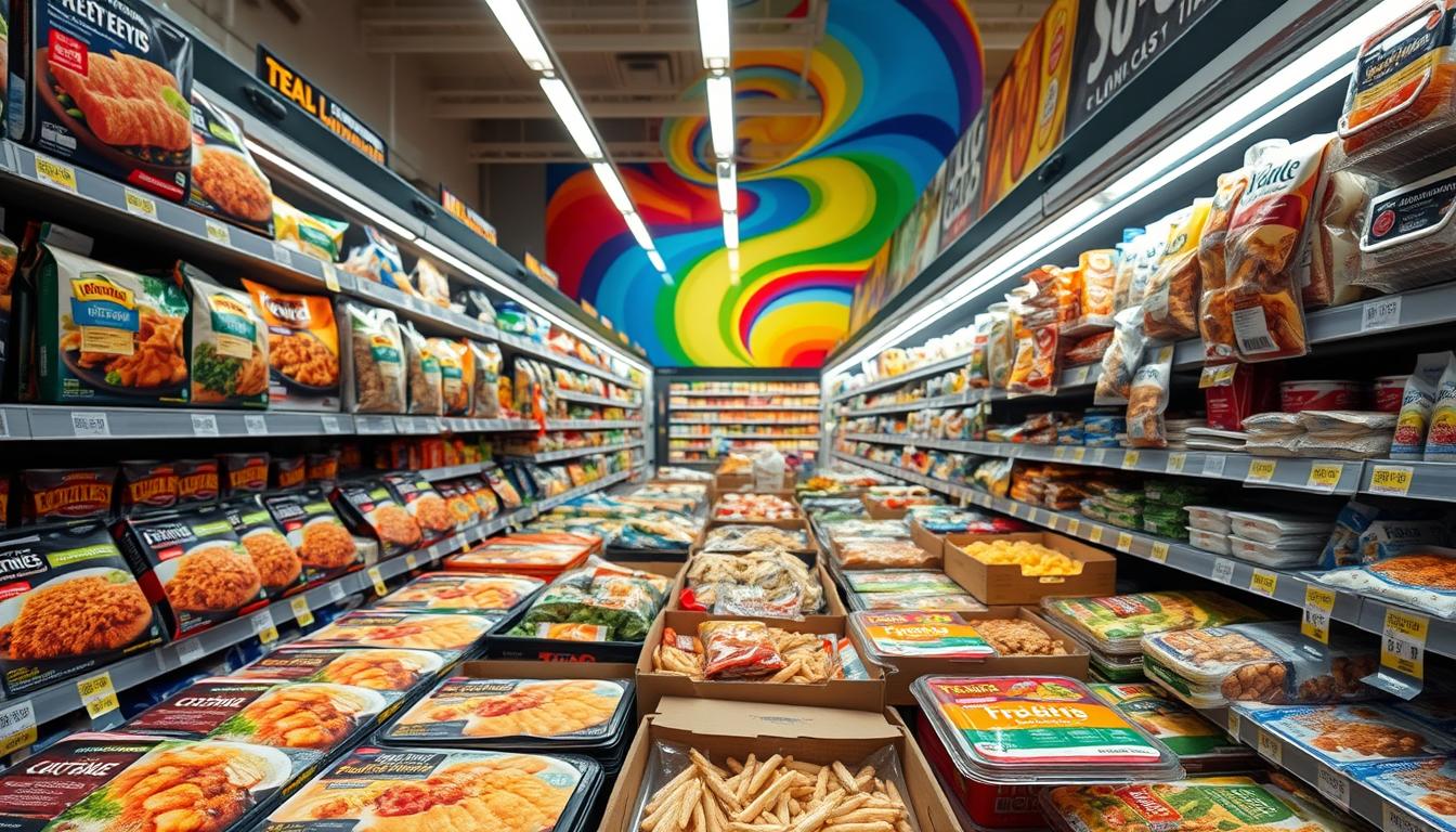 A sprawling frozen food aisle, brightly lit and filled with an array of low-carb options. Rows of colorful packaging catch the eye, hinting at creative culinary possibilities. In the foreground, a selection of tempting frozen meals - lean proteins, fresh vegetables, and innovative carb-conscious alternatives. The middle ground showcases an assortment of individually quick-frozen ingredients, ready to be incorporated into delicious low-carb dishes. In the background, a vibrant swirling of colors, symbolizing the dynamic and flavorful world of low-carb cooking. The scene is captured with a wide-angle lens, emphasizing the depth and breadth of the frozen food hacks available. The overall mood is one of excitement and inspiration, inviting the viewer to explore the endless low-carb opportunities within this aisle.
