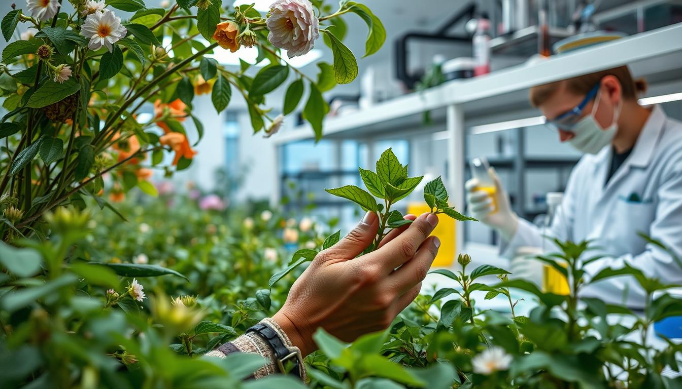 A sprawling holistic landscape, lush with verdant herbs and flowering plants, contrasts against the sterile, clinical setting of a targeted pharmaceutical lab. In the foreground, a traditional healer carefully examines a vibrant, leafy plant, their hands exuding a sense of reverence and intuition. In the background, lab-coated researchers peer intently at vials of synthetic compounds under the glow of precise, clinical lighting. The scene evokes a clash of ancient wisdom and modern reductionism, inviting the viewer to ponder the nuanced interplay between holistic and targeted approaches to medicine.