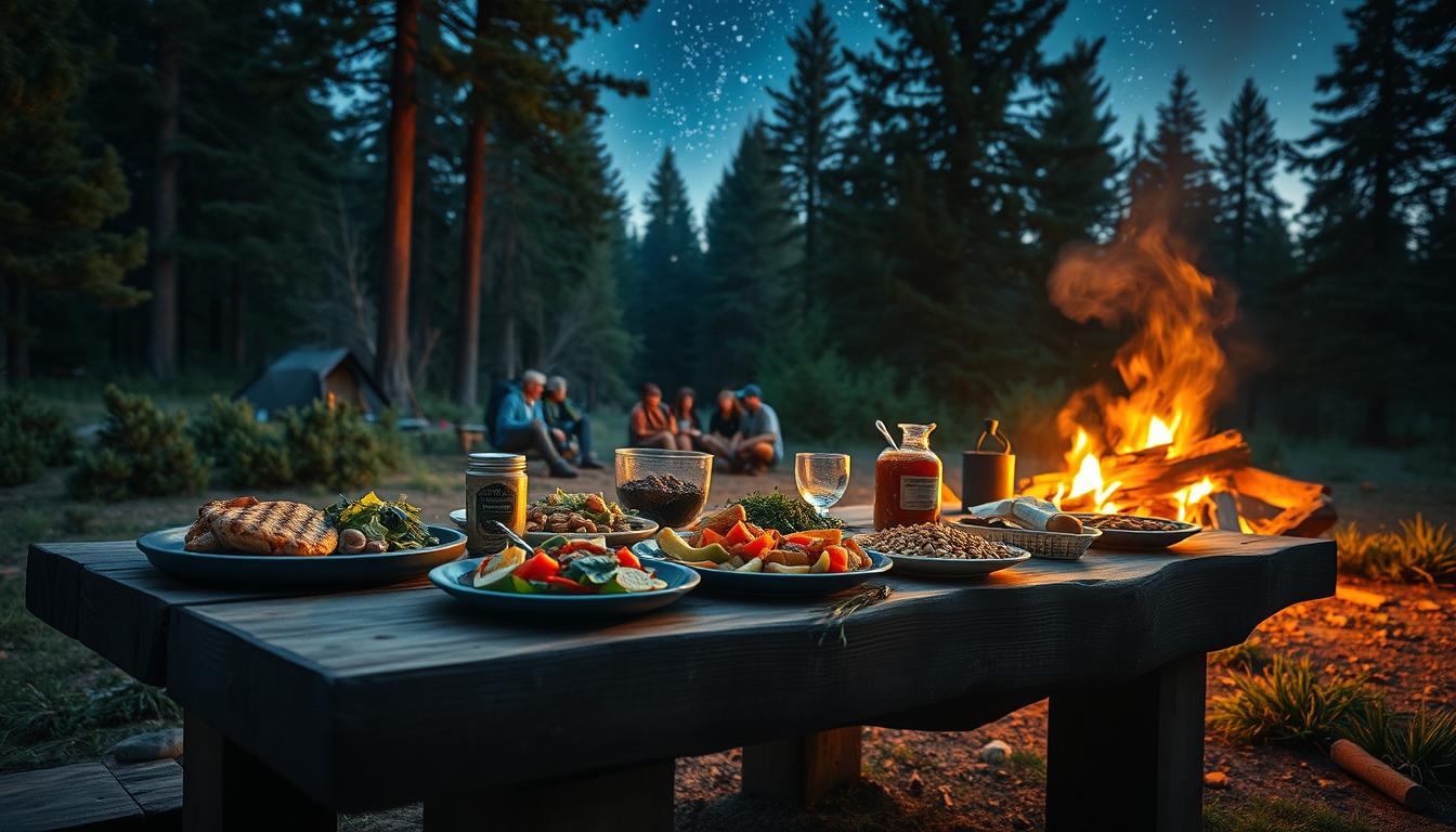 A sprawling outdoor campsite nestled in a lush, verdant forest. In the foreground, a rustic wooden table is laden with an array of low-carb camping food options - grilled chicken, fresh salads, roasted vegetables, and a selection of nuts and seeds. The table is illuminated by the warm, vibrant glow of a nearby campfire, casting a cozy, inviting atmosphere. In the middle ground, a group of hikers sits around the fire, enjoying their meal and discussing their day's adventures. The background is dominated by towering evergreen trees, their branches swaying gently in the breeze, and a clear, starry night sky above, creating a serene and peaceful outdoor setting.