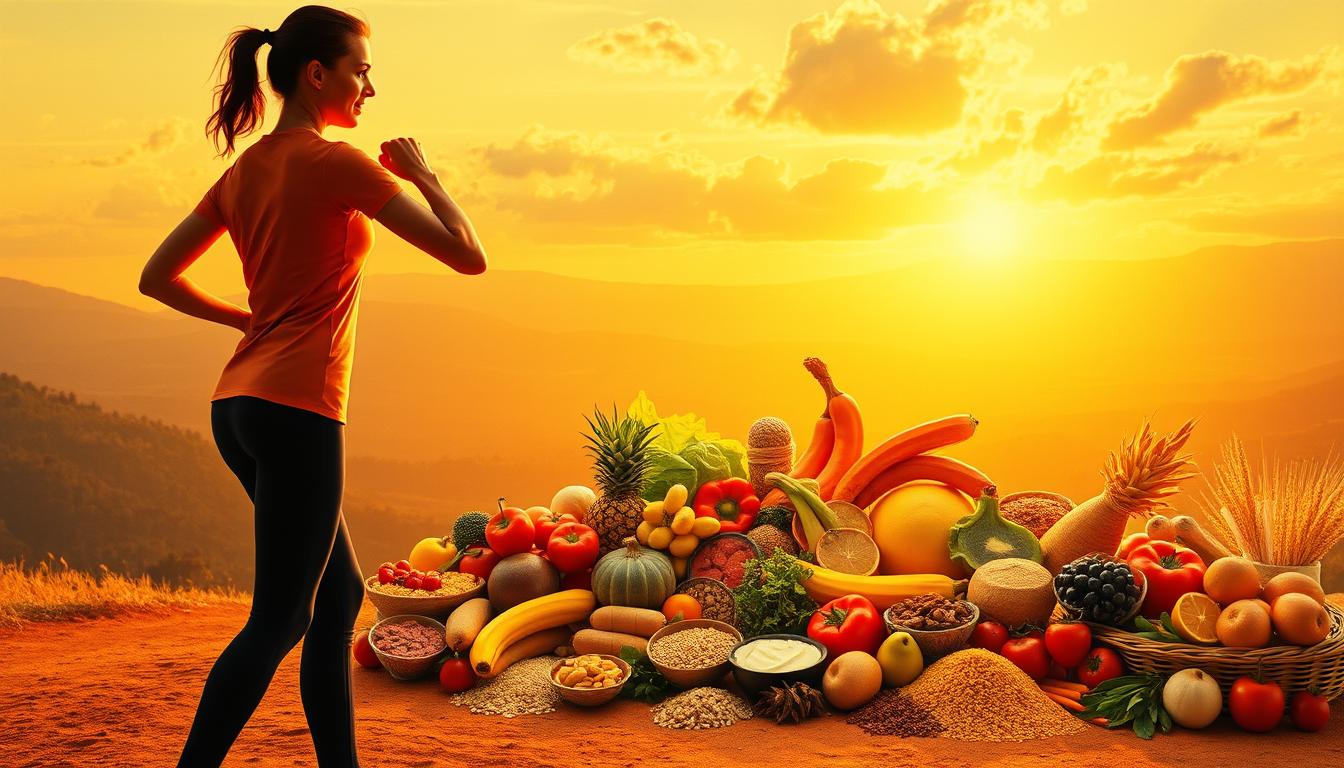 A sprawling, vibrant canvas depicting the intricate relationship between lifestyle and cancer prevention. In the foreground, a person engages in physical activity, their silhouette illuminated by warm, golden lighting. In the middle ground, a diverse array of healthy foods - fresh fruits, vegetables, and whole grains - are artfully arranged, symbolizing the importance of a balanced diet. The background features a serene, natural landscape, hinting at the benefits of a stress-free environment. The overall composition conveys a sense of harmony, where a holistic approach to well-being takes center stage, inspiring viewers to embrace a lifestyle that can help reduce the risk of cancer.