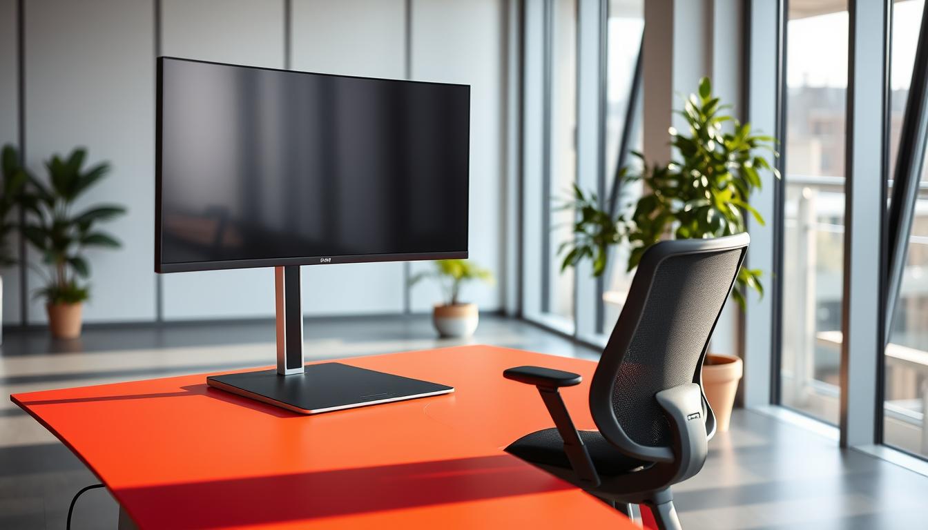 A standing desk workspace with a sleek, modern design. A vibrant, minimalist desk with a large, curved monitor in the foreground, casting a soft glow. In the middle ground, an ergonomic office chair and a potted plant, adding a touch of nature. The background features floor-to-ceiling windows, allowing natural light to flood the space and create a bright, airy atmosphere. The overall scene conveys a sense of productivity and well-being, encouraging movement and engagement throughout the workday.