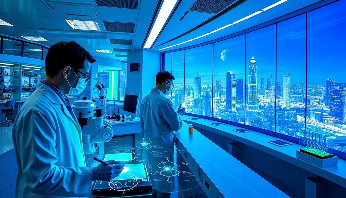 A state-of-the-art laboratory, bathed in vibrant hues of blue and green, where scientists in crisp white coats conduct intricate experiments. Gleaming medical equipment and futuristic displays adorn the scene, showcasing the cutting-edge of longevity research. In the foreground, a holographic interface displays intricate molecular diagrams, while in the background, a panoramic window offers a breathtaking view of a bustling, high-tech cityscape. The mood is one of anticipation and innovation, as the researchers work tirelessly to uncover the secrets of extending human lifespan and enhancing well-being. A state-of-the-art laboratory, bathed in vibrant hues of blue and green, where scientists in crisp white coats conduct intricate experiments. Gleaming medical equipment and futuristic displays adorn the scene, showcasing the cutting-edge of longevity research. In the foreground, a holographic interface displays intricate molecular diagrams, while in the background, a panoramic window offers a breathtaking view of a bustling, high-tech cityscape. The mood is one of anticipation and innovation, as the researchers work tirelessly to uncover the secrets of extending human lifespan and enhancing well-being.