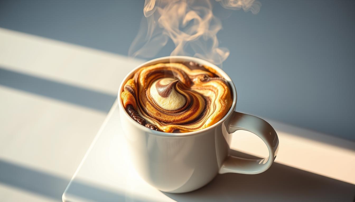 A steaming mug filled with a rich, fluffy protein powder cake, adorned with vibrant swirls of color dancing across the surface. The aroma of vanilla and chocolate wafts through the air, tempting the senses. Soft lighting casts a warm glow, highlighting the cake's inviting texture and drawing the viewer in. The mug sits atop a sleek, modern surface, its clean lines and minimalist design complementing the indulgent treat. Shadows and highlights accentuate the depth and dimension of the cake, creating a visually appealing and appetizing scene.