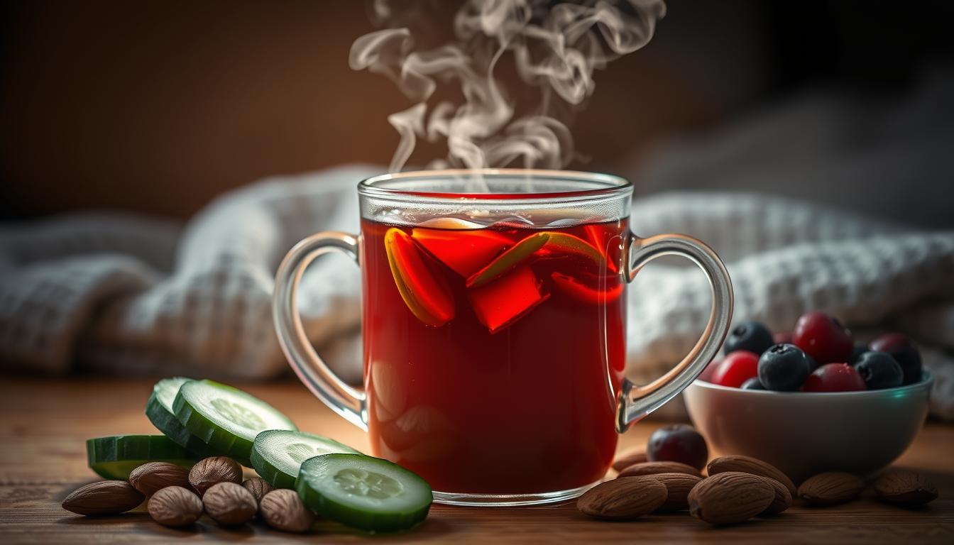 A steaming mug of herbal tea set against a dimly lit, cozy backdrop. The tea infusion gently swirls with vibrant hues, emitting a soothing, aromatic vapor. Surrounding the mug are an assortment of low-carb midnight snacks - sliced cucumber, roasted almonds, and a small bowl of berries. The scene is lit by soft, warm lighting that casts a comforting glow, creating a serene and inviting atmosphere perfect for hydrating and curbing late-night hunger pangs.