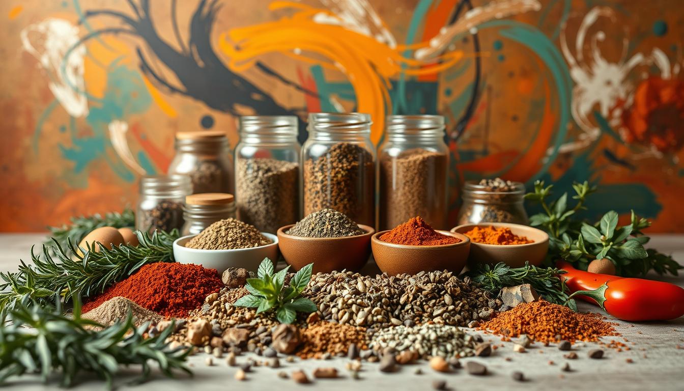 A still life arrangement of an assortment of keto-friendly seasonings, displayed against a vibrant backdrop of swirling colors. In the foreground, various herbs and spices such as rosemary, thyme, cumin, paprika, and oregano are placed artfully, their textures and hues contrasting beautifully. In the middle ground, glass jars and ceramic bowls containing the seasonings are arranged, casting soft shadows and reflecting the dynamic lighting. The background is a captivating composition of bold, energetic brushstrokes in a palette of rich, earthy tones, creating a vivid, atmospheric setting that enhances the overall visual appeal of the scene. The lighting is soft and diffused, highlighting the intricate details of the ingredients while maintaining a warm, inviting ambiance.