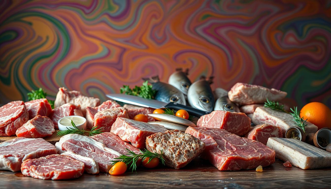 A still life arrangement of assorted keto-friendly meat and seafood selections, displayed against a vibrant backdrop of swirling colors. In the foreground, a selection of high-quality cuts of beef, pork, and poultry, each highlighting their marbling and texture. In the middle ground, a variety of fresh, sustainably-sourced fish and shellfish, their glistening surfaces catching the light. The background is a dynamic tapestry of bold, saturated hues, creating a visually captivating and appetizing scene. The overall composition is shot with a wide-angle lens, capturing the scene in sharp focus and dramatic lighting, conveying the importance of mindful meat and seafood selection for a successful keto diet.