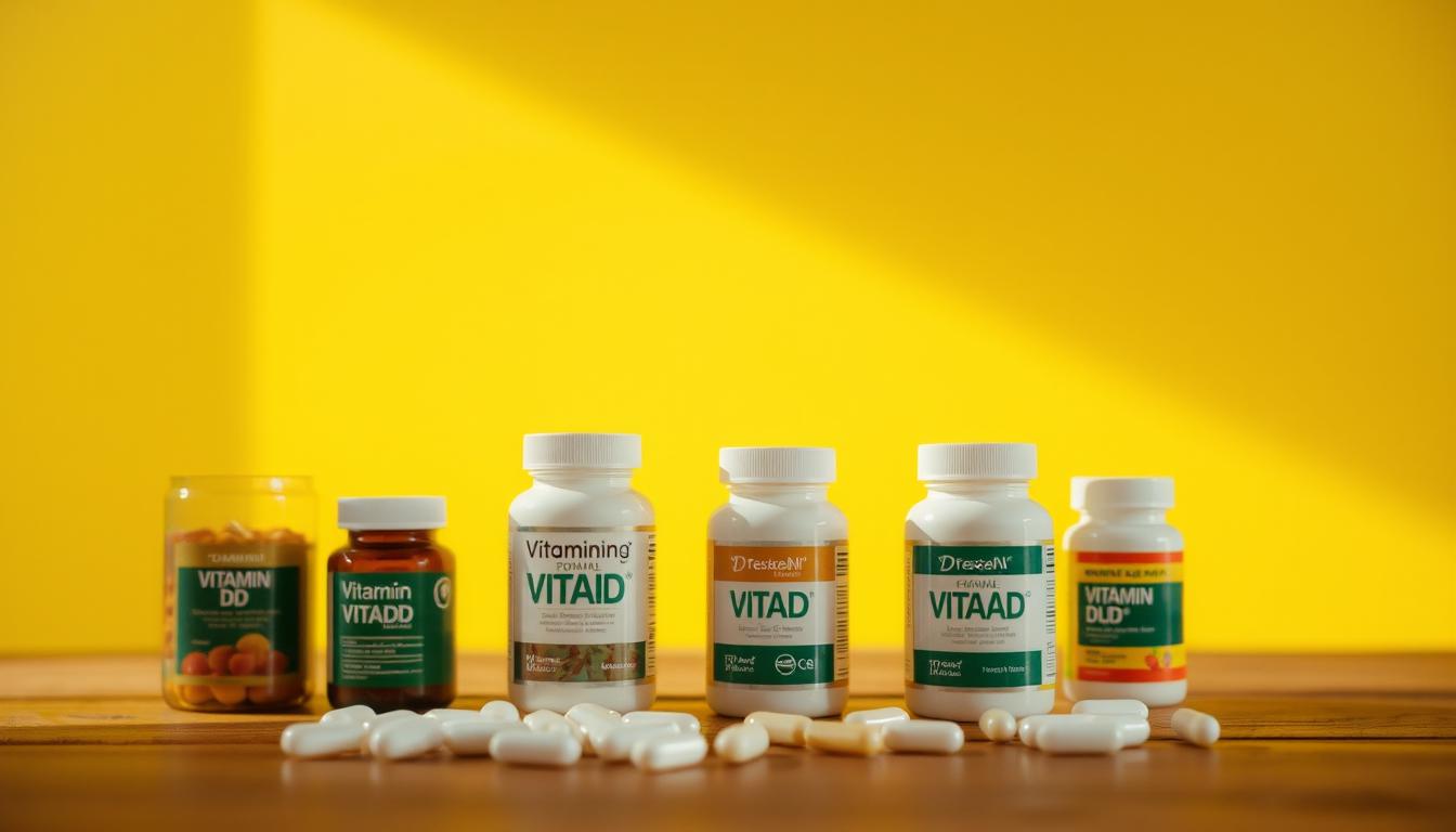 A still life capturing a selection of vitamin D supplements against a vibrant background. The supplements, in various shapes and sizes, are arranged in the foreground, with a warm, natural lighting illuminating them from the side. The middle ground features a blurred, out-of-focus backdrop, hinting at a serene, minimalist setting, perhaps a wooden surface or a plain wall. The overall atmosphere is one of clarity, simplicity, and a sense of wellness, inviting the viewer to consider the potential benefits of these vitamin D supplements for weight loss.