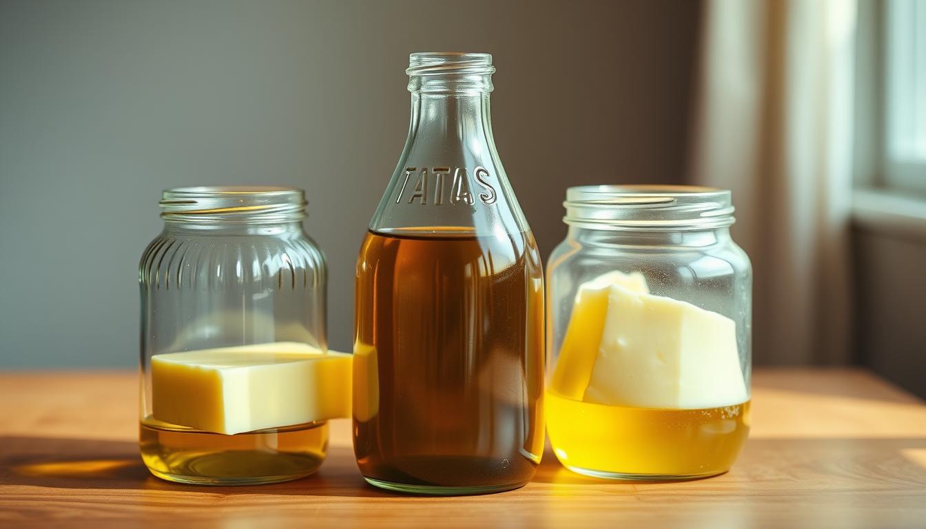 A still life featuring three glass bottles filled with different cooking oils - butter, olive oil, and margarine. The bottles are arranged on a wooden table, with a soft, natural light illuminating the scene. The glass containers have a subtle, reflective quality, allowing the viewer to see the distinct colors and viscosities of the liquids inside. The overall mood is vibrant and inviting, drawing attention to the nuanced differences between these common cooking fats. The image composition is balanced, with the bottles occupying the foreground and a simple, uncluttered background creating a sense of focus on the subject matter.