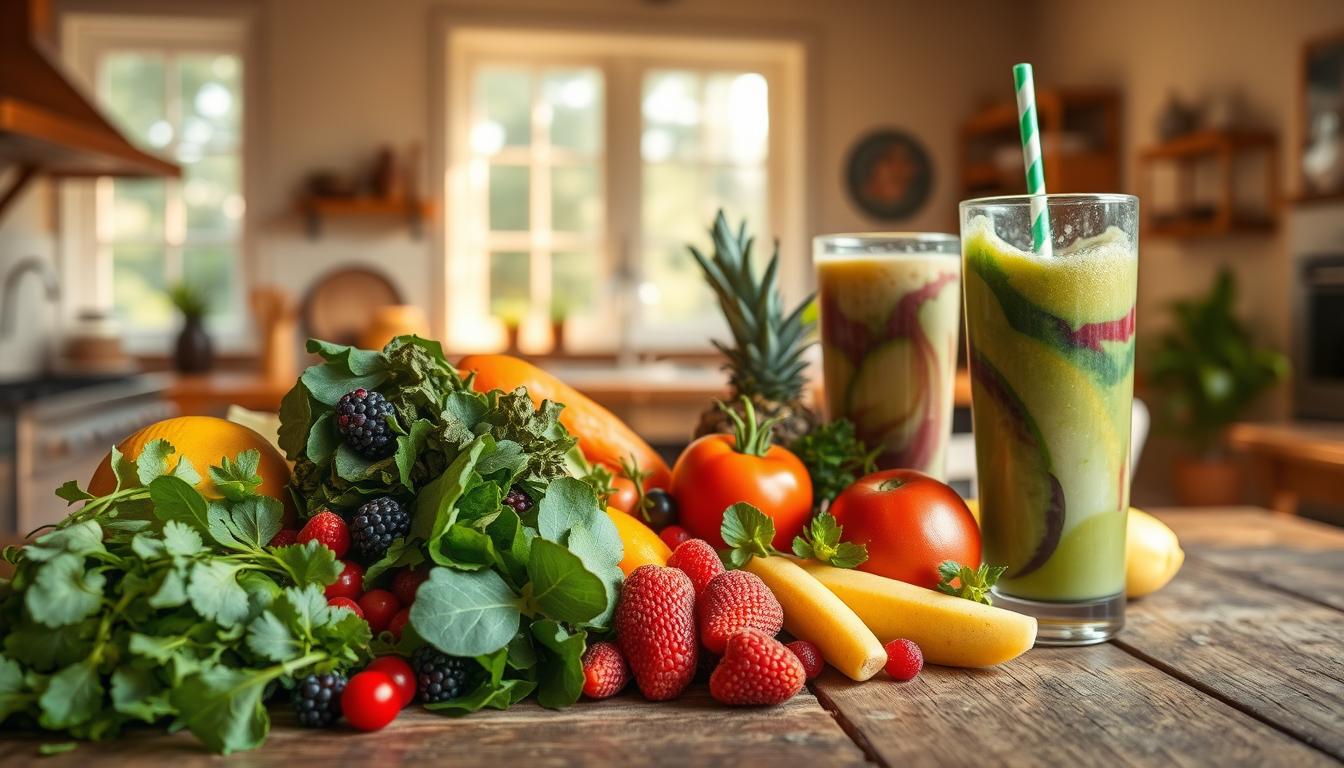 A still life scene depicting healthy eating strategies after a cheat day. In the foreground, an assortment of fresh fruits and vegetables - crisp greens, vibrant berries, and crunchy vegetables - arranged artfully on a rustic wooden table. In the middle ground, a glass of water and a healthy smoothie with swirling colors, hinting at the nourishing, revitalizing ingredients. The background features a warm, inviting kitchen setting with natural light streaming in through large windows, casting a soft, golden glow over the scene. The overall mood is one of balance, renewal, and a return to mindful, wholesome eating after indulgence.