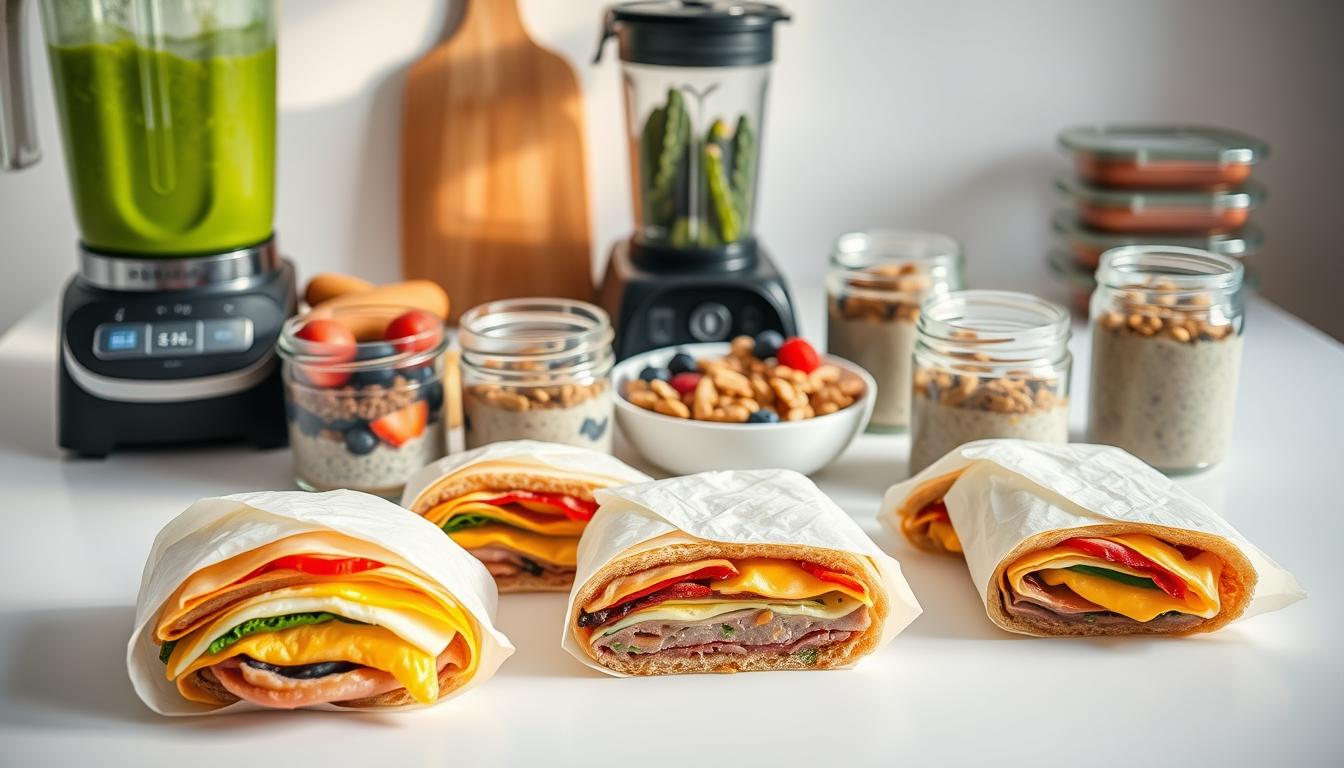 A still life scene of an array of freshly prepared low-carb freezer breakfast items, neatly arranged on a minimalist white countertop. In the foreground, a selection of breakfast sandwiches with egg, cheese, and lean meat or vegetable fillings, wrapped in parchment paper and ready to reheat. Behind them, individual portions of overnight chia pudding, layered with berries and nuts, in glass jars. In the middle ground, a plate of cooked breakfast sausages and a bowl of mixed nuts. In the background, a blender filled with a vibrant green smoothie, and a stack of reusable meal prep containers. The scene is bathed in warm, natural lighting, with a slight vignette effect creating a cozy, inviting atmosphere.