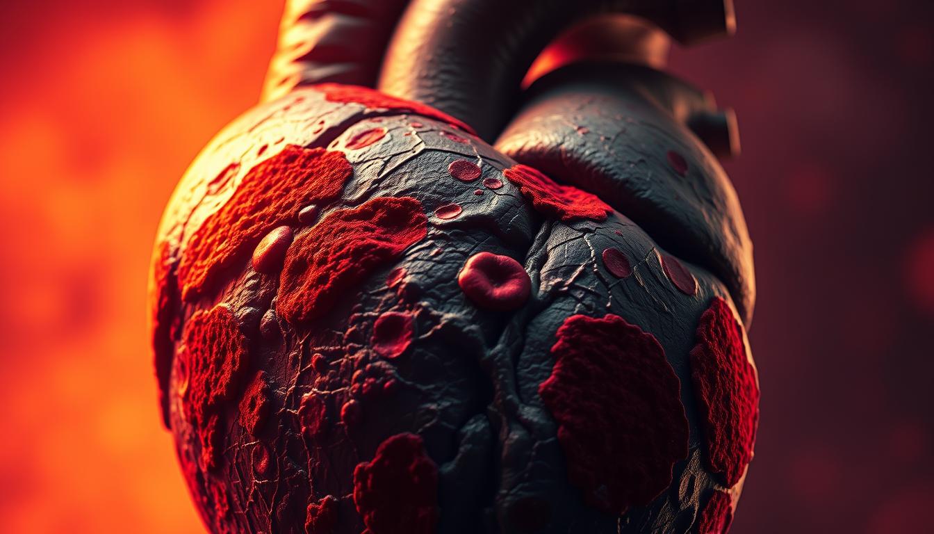 A striking close-up view of a human heart, its surface ravaged by angry red patches of chronic inflammation. Vivid and textured, the organ pulses with an ominous vitality, its delicate chambers and vessels barely visible beneath the swollen, discolored tissue. Rays of warm, vibrant light illuminate the scene, casting dramatic shadows that accentuate the heart's distressed state. The background is hazy and out of focus, drawing the viewer's full attention to the damaged, vulnerable heart - a powerful metaphor for the dangers of unchecked inflammation and its impact on overall health.