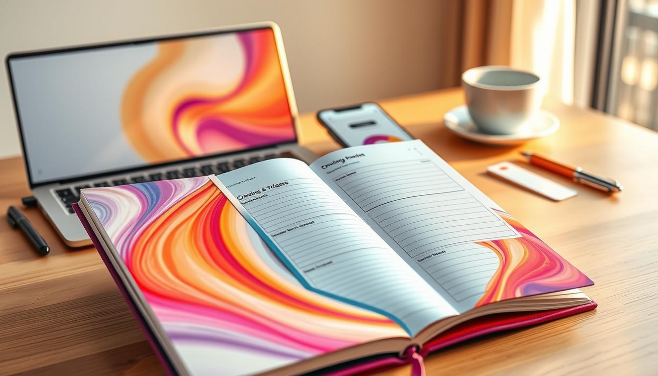 A stunningly designed cravings management tracking journal and app, with a vibrant, swirling color palette. The foreground features a sleek, modern journal with a soft-touch cover, its pages open to reveal neatly organized sections for recording cravings, triggers, and progress. The middle ground showcases a complementary mobile app interface, its design elements mirroring the journal's aesthetic. In the background, a serene, minimalist workspace with a laptop, pen, and cup of coffee, setting the mood for mindful self-reflection and goal-setting. Warm, natural lighting casts a gentle glow, emphasizing the journal's tactile quality and the app's intuitive digital interface. The overall composition conveys a sense of control, organization, and a balanced approach to managing cravings.