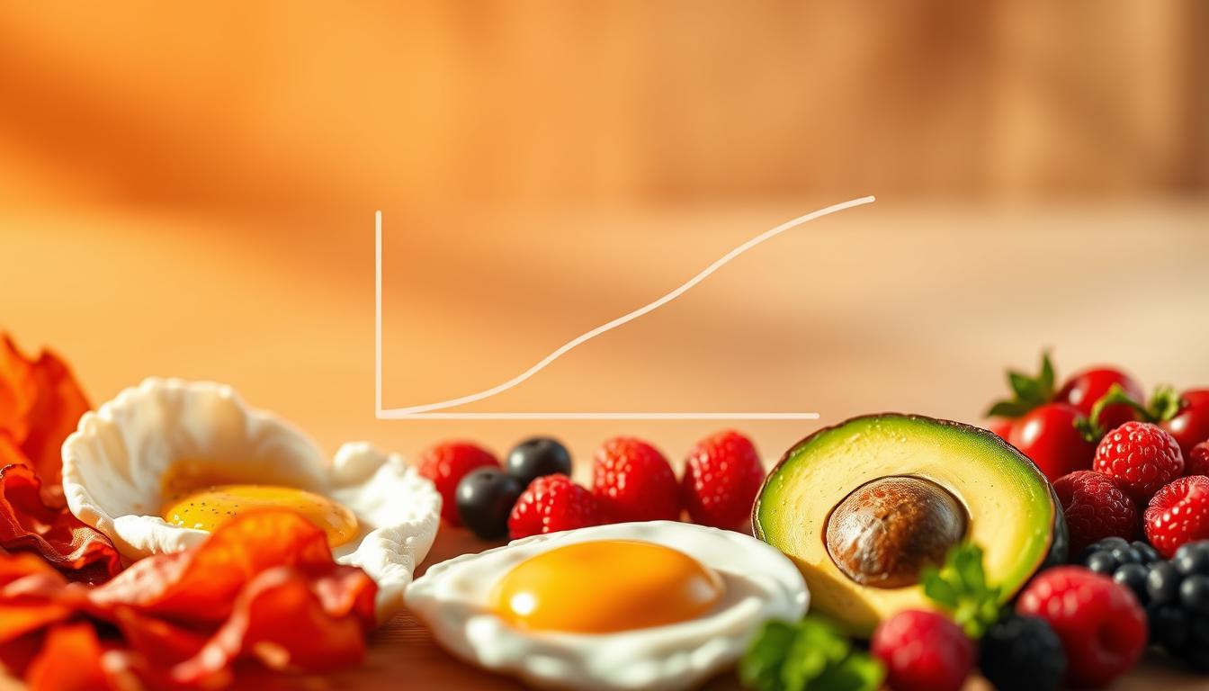 A stylized illustration showcasing the blood sugar impact of low-carb breakfast options. In the foreground, a vibrant display of diverse breakfast items - crisp bacon, fluffy eggs, avocado slices, and fresh berries. Surrounding them, a swirling gradient of warm hues that gradually shift to cooler tones, representing the glycemic response. The middle ground features a minimalist line graph, its curves tracing the varying blood sugar levels elicited by the low-carb breakfast fare. The background is a soft, blurred gradient, adding depth and emphasizing the central focus. Warm, directional lighting casts subtle shadows, lending a sense of depth and dimensionality to the scene. Captured with a shallow depth of field, the image conveys a sense of sophisticated, editorial-style food photography.