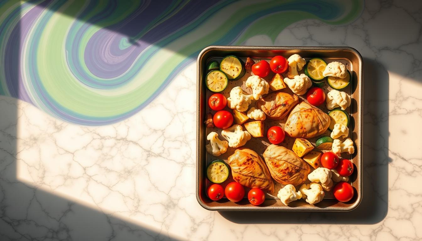 A stylized overhead view of a sheet pan filled with a variety of keto-friendly roasted vegetables and proteins. The pan is positioned on a marble countertop with a vibrant background of swirling abstract colors in shades of green, blue, and purple. The vegetables are arranged in an appetizing composition, with sliced zucchini, cauliflower florets, cherry tomatoes, and roasted chicken thighs. Warm, directional lighting casts dramatic shadows, accentuating the textures and colors. The scene has a clean, modern aesthetic that captures the simplicity and health-conscious nature of the keto sheet pan meal.