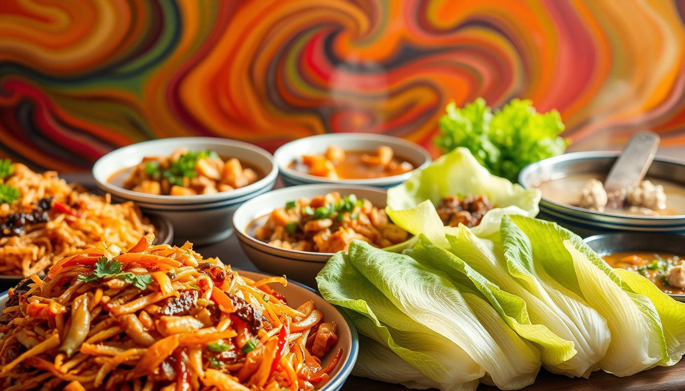 A sumptuous array of low-carb Chinese cuisine, artfully arranged against a backdrop of vibrant swirling colors. In the foreground, a platter of sizzling stir-fried vegetables, their crisp textures and earthy hues a testament to their nutritional value. Alongside, steaming bowls of savory broth-based dishes, brimming with tender protein and aromatic herbs. In the middle ground, delicate bundles of fresh lettuce wraps, ready to be filled with flavorful, low-carb fillings. The scene is illuminated by a warm, natural light, casting a inviting glow and highlighting the vibrant colors and textures of the dishes. The overall atmosphere is one of balance, health, and the vibrant flavors of authentic Chinese cuisine.