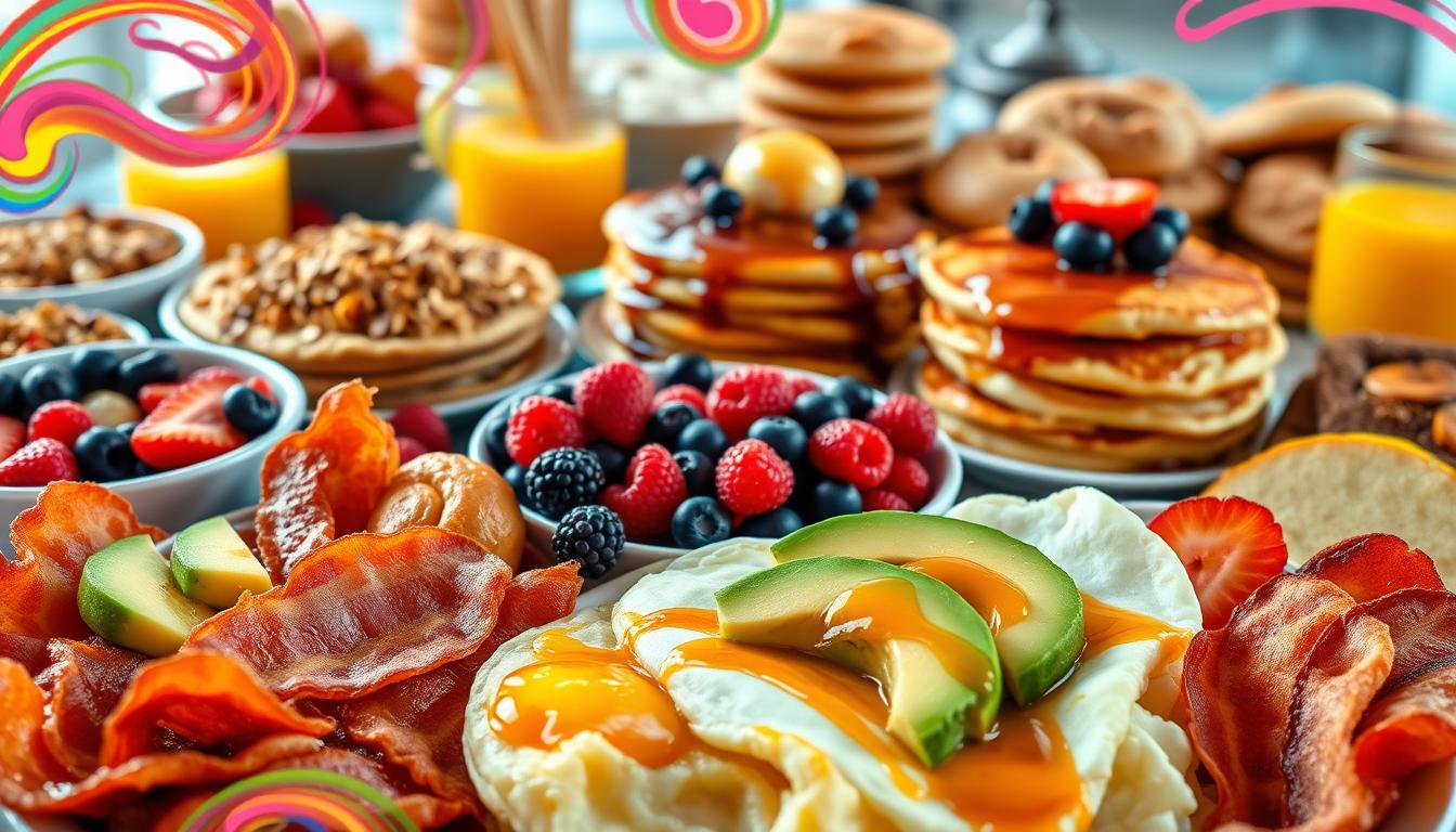 A sumptuous breakfast feast overflowing with a vibrant array of delectable dishes. In the foreground, a platter of fluffy scrambled eggs, crisp bacon, and juicy slices of avocado, arranged in a captivating visual composition. In the middle ground, a stack of golden-brown pancakes drizzled with rich maple syrup, complemented by a vibrant assortment of fresh berries. The background features a variety of additional breakfast staples, including a hearty bowl of oatmeal topped with crunchy granola, a glass of freshly squeezed orange juice, and a tempting array of freshly baked pastries. The scene is illuminated by soft, natural lighting, creating a warm and inviting atmosphere that beckons the viewer to indulge in this delectable morning feast. Vibrant swirling colors add a dynamic and visually engaging element to the overall composition.