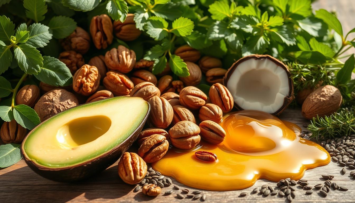 A sumptuous still life showcasing a vibrant array of brain-boosting healthy fats. In the foreground, a wedge of creamy avocado glistens, its rich green hue offset by the warm amber tones of walnuts and pecans. Scattered across the mid-ground are glistening pools of golden olive oil and swirls of silky coconut oil, complemented by the subtle sheen of chia and flax seeds. In the background, a lush backdrop of fresh leafy greens and verdant herbs frame the scene, bathed in soft, natural lighting that casts delicate shadows and highlights the textures of each ingredient. The overall composition evokes a sense of nourishment, vitality, and the profound connection between healthy fats and optimal brain function. Prompt