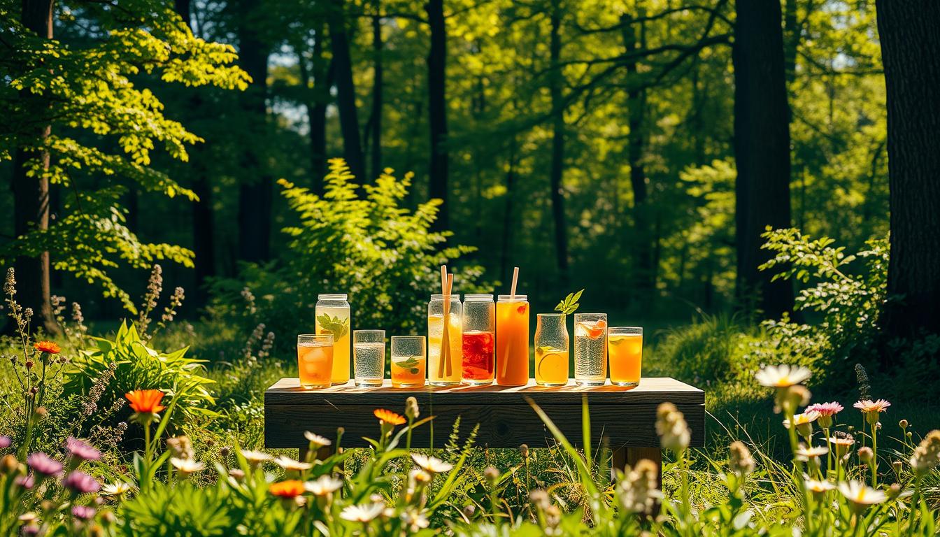 A sun-dappled forest glade, lush greenery and wildflowers in the foreground. In the middle ground, a rustic wooden table set with a selection of low-carb hydration beverages - infused waters, herbal teas, and electrolyte-rich drinks. Backlit by a warm, golden afternoon light, with soft shadows cast by the surrounding trees. The overall scene conveys a sense of peaceful, vibrant, and healthful outdoor relaxation.