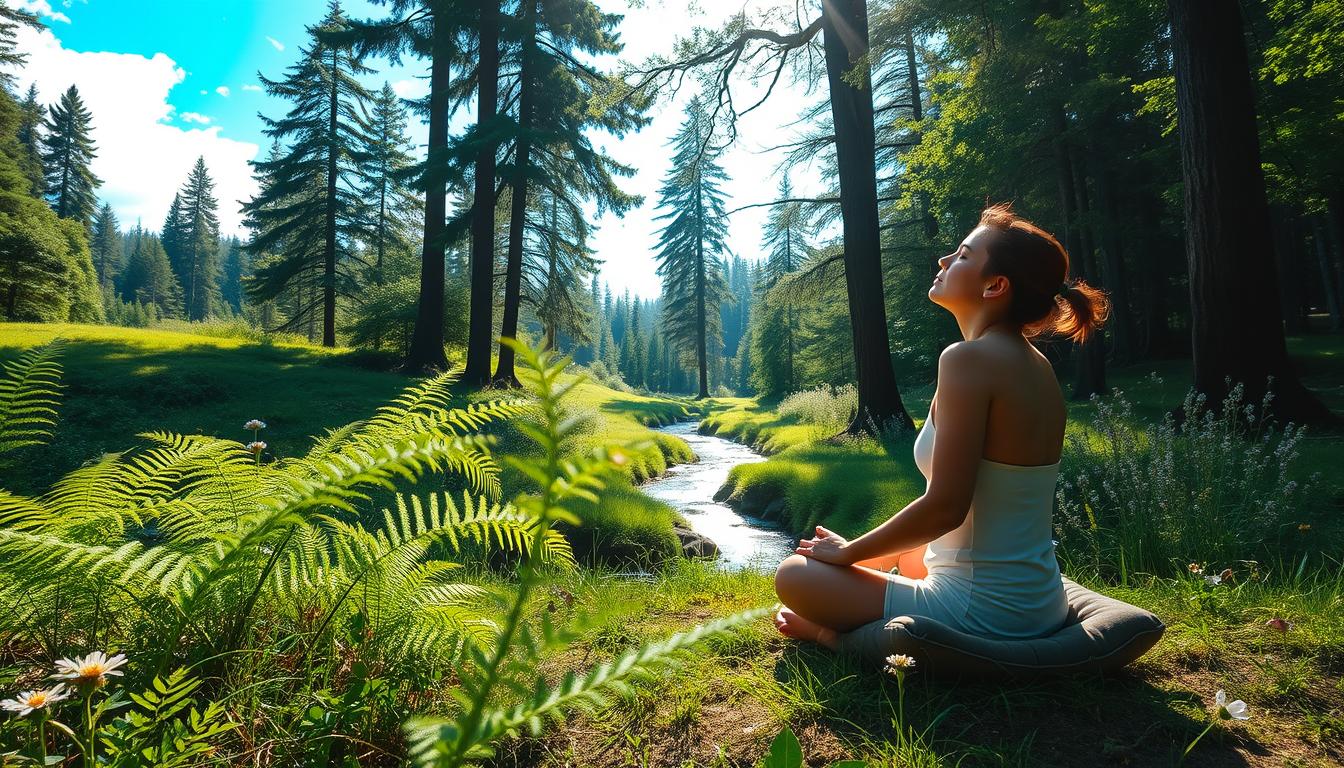 A sun-dappled forest glade, where a person sits cross-legged on a cushion, eyes closed in meditative focus. Surrounding them, lush ferns and wildflowers sway gently in a soft breeze. In the middle ground, a burbling stream winds its way through the verdant landscape, its calming sounds adding to the serene atmosphere. In the distance, towering trees reach up towards a vibrant, azure sky, their leaves rustling with a sense of tranquility. The overall scene radiates a palpable feeling of rejuvenation and connection with the natural world.