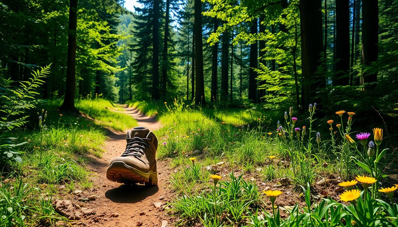 A sun-dappled forest trail winding through lush greenery, with vibrant wildflowers lining the path. In the foreground, a well-worn hiking boot steps onto the packed earth, indicating the start of an adventurous journey. The middle ground reveals a clearing ahead, hinting at the promise of breathtaking vistas. Tall, verdant trees frame the scene, casting a warm, inviting glow over the entire landscape. The atmosphere is one of tranquility and rejuvenation, beckoning the viewer to embark on a rejuvenating outdoor excursion.