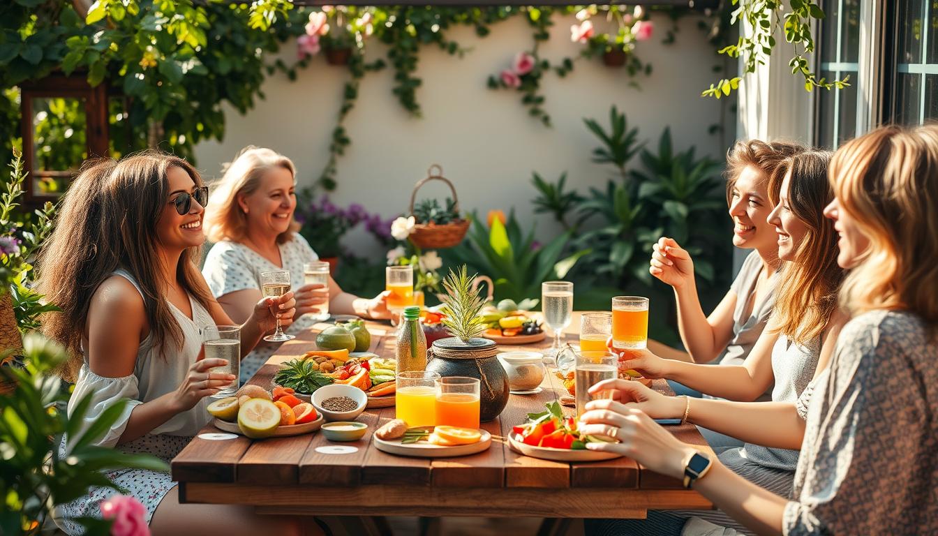 A sun-dappled gathering of friends enjoying healthy, vibrant snacks and beverages in a cozy, inviting outdoor setting. A wooden table is laden with fresh fruits, veggie platters, sparkling water, and herbal teas. Lush greenery and flowers frame the scene, creating a serene, nurturing atmosphere. Warm, diffused lighting casts a natural glow, highlighting the joy and connection shared among the group. Their relaxed, engaged postures convey a sense of mindfulness and intention as they savor the moment together. A sun-dappled gathering of friends enjoying healthy, vibrant snacks and beverages in a cozy, inviting outdoor setting. A wooden table is laden with fresh fruits, veggie platters, sparkling water, and herbal teas. Lush greenery and flowers frame the scene, creating a serene, nurturing atmosphere. Warm, diffused lighting casts a natural glow, highlighting the joy and connection shared among the group. Their relaxed, engaged postures convey a sense of mindfulness and intention as they savor the moment together.