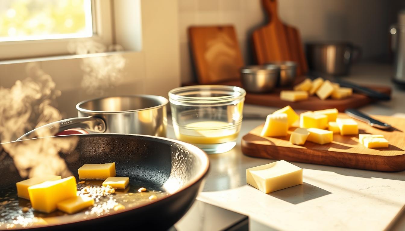 A sun-dappled kitchen counter, showcasing an array of butter cooking methods. In the foreground, a sizzling skillet captures the golden hue and gentle sizzle of butter being pan-fried, its aroma wafting through the air. Beside it, a glass bowl holds slowly melting butter, its viscous texture glistening under the warm, vibrant lighting. In the middle ground, a small saucepan simmers, steam rising as butter is gently heated and reduced, its nutrients preserved. In the background, a wooden cutting board displays neatly sliced pats of butter, ready to be added to sauces, baked goods, or melted over freshly cooked vegetables, all bathed in a vibrant, homey atmosphere.