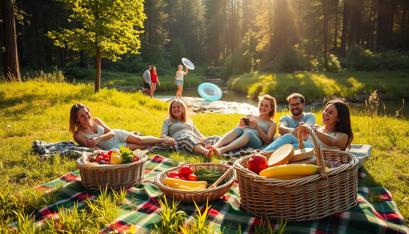 A sun-dappled meadow, picnickers sprawled on a vibrant plaid blanket, surrounded by a lush forest. In the foreground, a picnic basket overflows with seasonal fruits, crisp vegetables, and fresh-baked bread. Nearby, a group engages in an energetic game of frisbee, their laughter echoing through the trees. In the middle ground, a babbling brook glistens, its cool waters inviting visitors to dip their feet. The scene is bathed in warm, golden light, creating a serene and inviting atmosphere. The picnickers' faces are alight with joy, their bodies radiating vitality as they embrace the great outdoors. A sun-dappled meadow, picnickers sprawled on a vibrant plaid blanket, surrounded by a lush forest. In the foreground, a picnic basket overflows with seasonal fruits, crisp vegetables, and fresh-baked bread. Nearby, a group engages in an energetic game of frisbee, their laughter echoing through the trees. In the middle ground, a babbling brook glistens, its cool waters inviting visitors to dip their feet. The scene is bathed in warm, golden light, creating a serene and inviting atmosphere. The picnickers' faces are alight with joy, their bodies radiating vitality as they embrace the great outdoors.