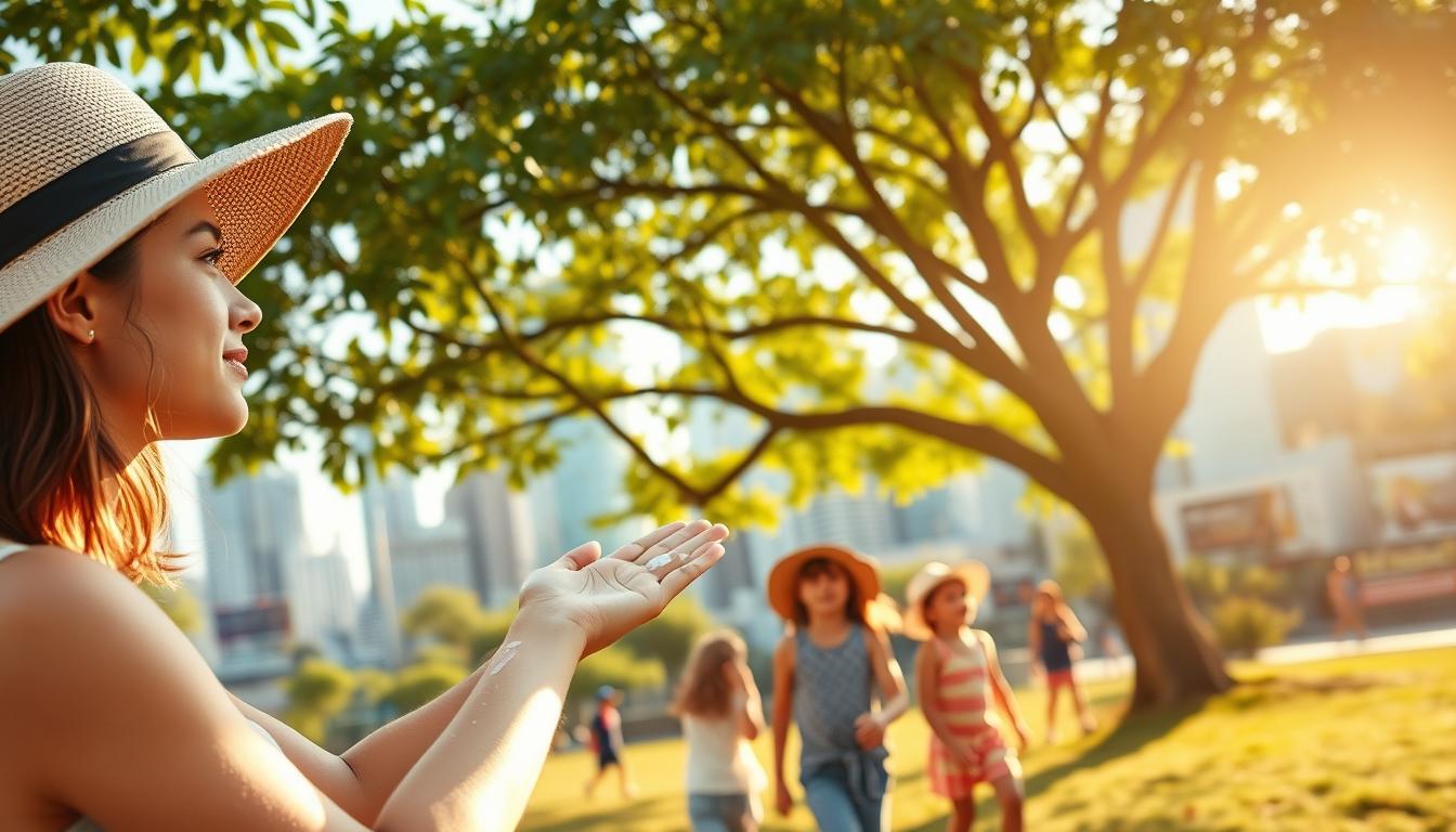 A sun-dappled scene of sun protection awareness. In the foreground, a young woman applies sunscreen to her arms, her face shielded by a wide-brimmed hat. Midground, a group of children play in the shade of a leafy tree, sun-safe clothing and hats. In the background, a vibrant cityscape with skyscrapers and billboards, highlighting the importance of skin cancer prevention in daily life. Warm, golden lighting casts a welcoming glow, emphasizing the importance of sun exposure balance. The overall mood is one of vibrant, healthy living and proactive skin health.