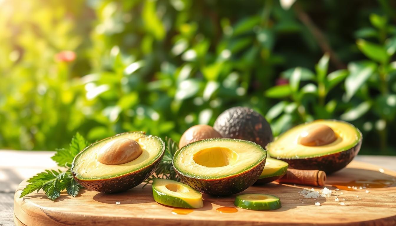 A sun-dappled still life showcasing the health benefits of avocados. In the foreground, a perfectly ripe avocado half sits on a wooden board, its creamy green flesh glistening. Surrounding it are sliced segments, revealing the avocado's vivid green hue and rich, buttery texture. In the middle ground, a variety of complementary ingredients are arranged - fresh herbs, a drizzle of olive oil, a sprinkle of sea salt. The background features a lush, vibrant garden scene, with verdant foliage and a soft, diffused light creating a sense of calm and wellness. The overall composition exudes a vibrant, nourishing atmosphere, perfectly capturing the anti-inflammatory properties of this superfood.