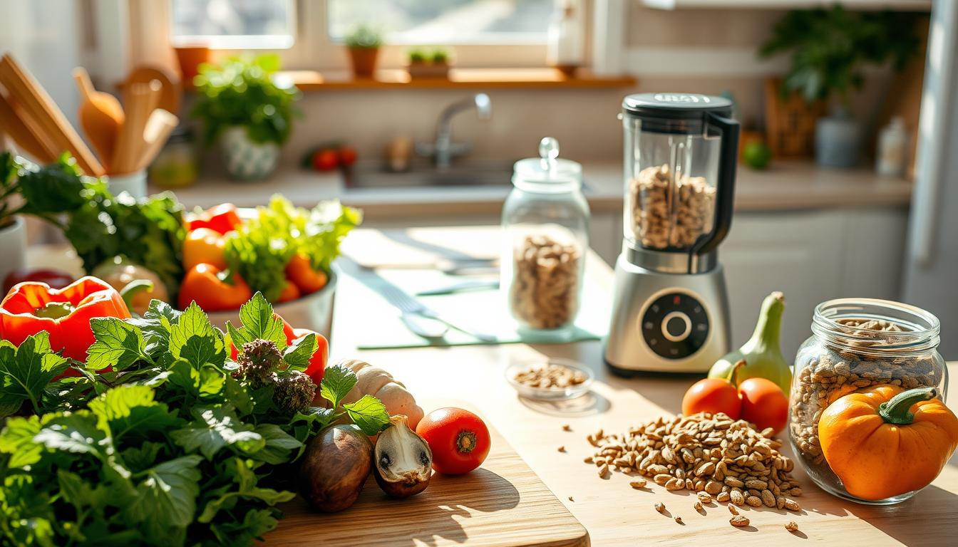 A sun-drenched kitchen counter, adorned with a vibrant array of fresh produce, whole grains, and lean protein sources. In the foreground, a cutting board showcases a colorful mix of vegetables - leafy greens, vibrant bell peppers, and earthy mushrooms. Nearby, a glass jar brimming with nutrient-dense nuts and seeds, a testament to the power of natural, unprocessed foods. In the middle ground, a sleek appliance, such as a high-powered blender, suggests the preparation of nourishing smoothies or soups. The background features a modest yet elegant tablespace, set with a simple linen cloth and a few artfully arranged pieces of cutlery, hinting at the thoughtful meal planning to come. The overall scene radiates a sense of calm, balance, and a commitment to holistic well-being, perfectly capturing the essence of "Nutritional Strategies for Stress Resilience." A sun-drenched kitchen counter, adorned with a vibrant array of fresh produce, whole grains, and lean protein sources. In the foreground, a cutting board showcases a colorful mix of vegetables - leafy greens, vibrant bell peppers, and earthy mushrooms. Nearby, a glass jar brimming with nutrient-dense nuts and seeds, a testament to the power of natural, unprocessed foods. In the middle ground, a sleek appliance, such as a high-powered blender, suggests the preparation of nourishing smoothies or soups. The background features a modest yet elegant tablespace, set with a simple linen cloth and a few artfully arranged pieces of cutlery, hinting at the thoughtful meal planning to come. The overall scene radiates a sense of calm, balance, and a commitment to holistic well-being, perfectly capturing the essence of "Nutritional Strategies for Stress Resilience."