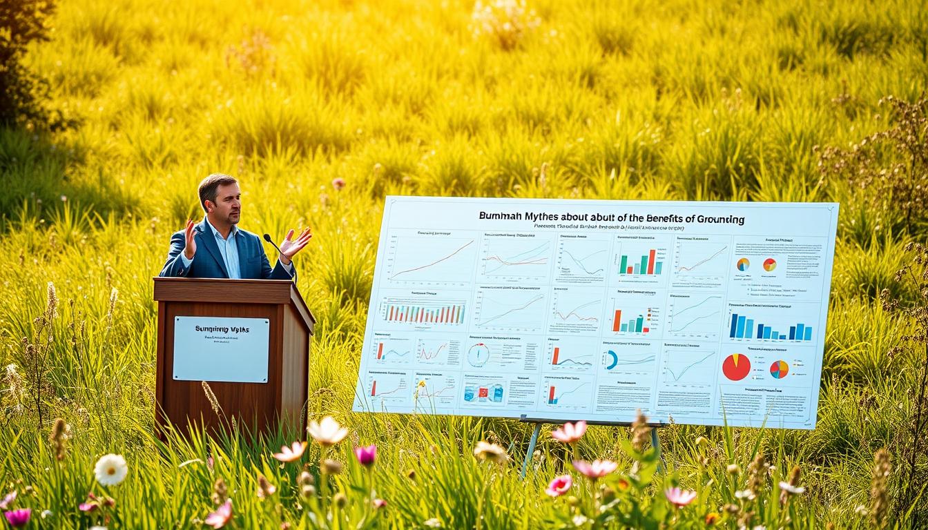 A sun-drenched meadow, lush with verdant grasses and wildflowers, serves as the backdrop for a scientific presentation. In the foreground, a researcher stands before a wooden podium, gesturing animatedly as they debunk common myths about the benefits of grounding. The middle ground features a large display board, showcasing graphs, charts, and research data that provide a vibrant, evidence-based counterpoint to the misconceptions. Warm, diffused lighting bathes the scene, creating a sense of openness and transparency, inviting the viewer to engage with the compelling, well-grounded research on display.