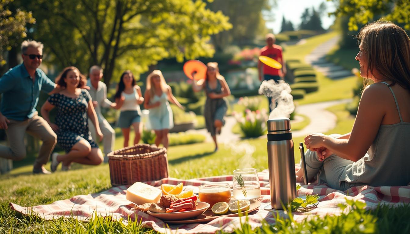 A sun-drenched outdoor scene, capturing the essence of offline activities. In the foreground, a group of friends engaged in a lively game of frisbee, their expressions filled with joy and camaraderie. The middle ground features a picnic blanket with an array of healthy snacks and a thermos of steaming tea, inviting a moment of tranquil respite. In the background, a lush, vibrant garden with blooming flowers and a winding path, beckoning exploration and connection with nature. Soft, warm lighting casts a gentle glow, creating a serene and rejuvenating atmosphere. The scene exudes a sense of balance, mindfulness, and the restorative power of unplugging from digital distractions.
