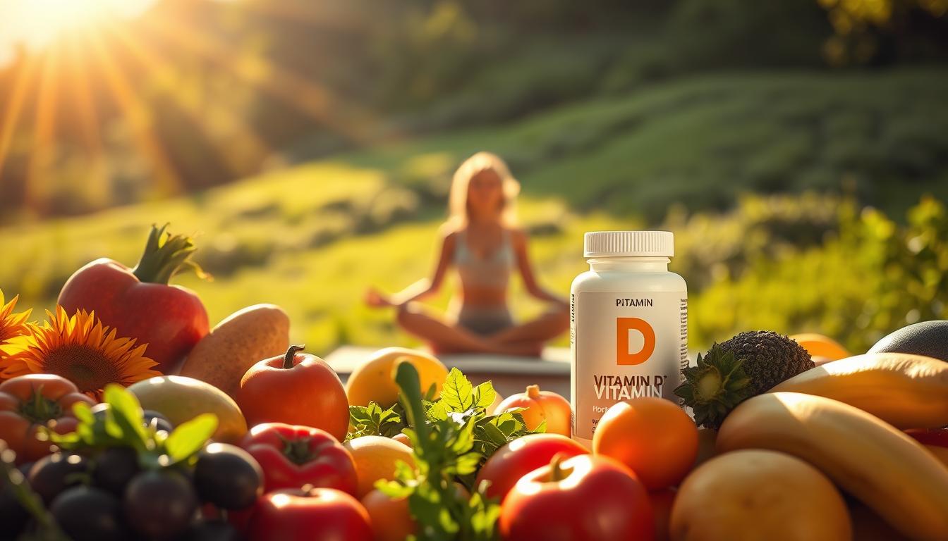 A sun-drenched scene depicting a harmonious balance of vitamin D for hormonal health. In the foreground, an array of fresh fruits and vegetables, radiating with a vibrant, natural glow. Nestled among them, a bottle of vitamin D supplements, casting a warm, comforting light. In the middle ground, a silhouetted figure in a serene yoga pose, embodying the connection between physical and emotional well-being. The background features a lush, verdant landscape, bathed in a soft, golden hue, conveying a sense of tranquility and rejuvenation. The overall atmosphere is one of vitality, balance, and the restorative power of nature's bountiful gifts.